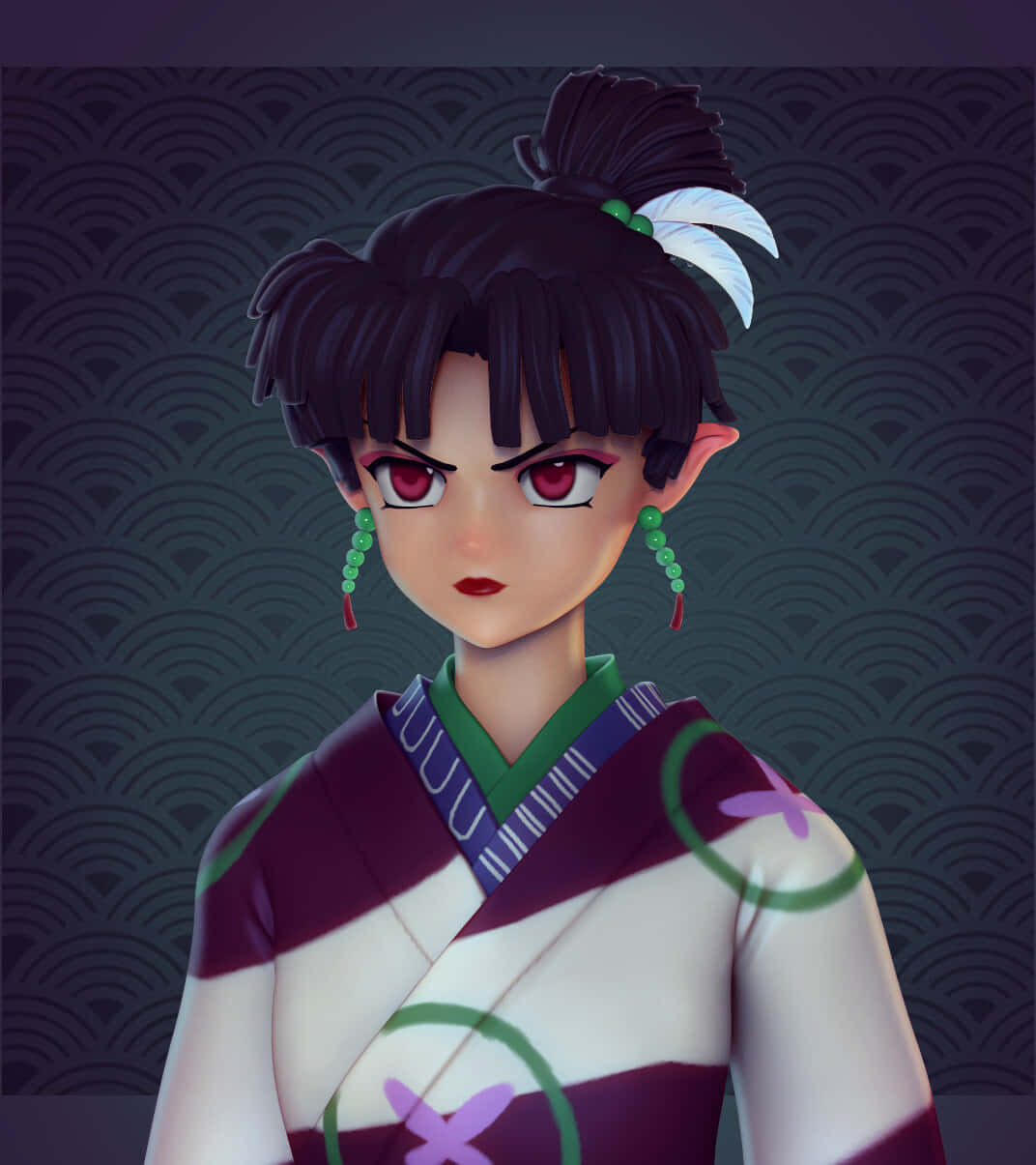 Inuyasha Kagura 桌布 壁紙 — 一個兇猛嘅動漫女仔，紅眼睛、黑頭髮，頭上有白色羽毛裝飾，著住印花和服，背景係波浪圖案。
