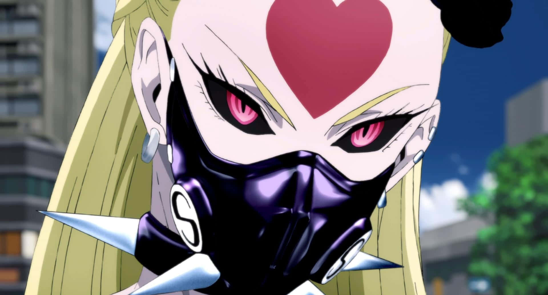 One Punch Man Season 2 桌布 壁紙 — 一個兇猛嘅動漫女仔，金髮，額頭有個紅色心形，戴住一個紫色尖刺面具，對眼係發光嘅粉紅色。