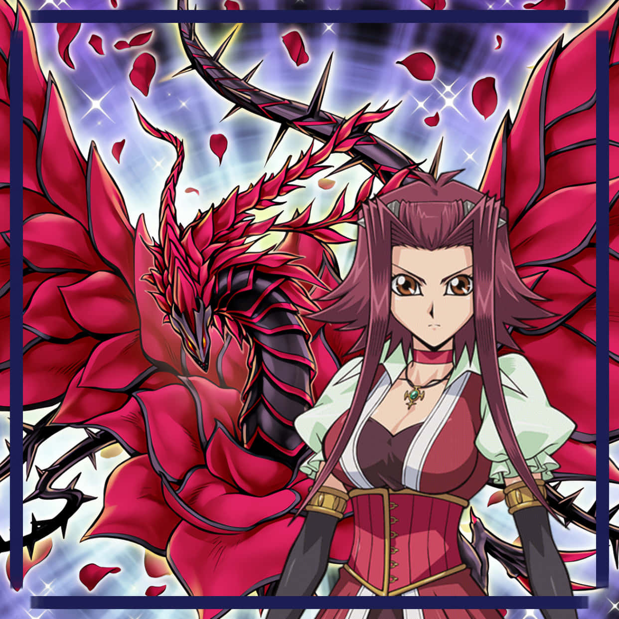 Akiza Izinski 桌布 壁紙 — 一個兇猛嘅動漫女孩，長長嘅紫色頭髮，企喺一隻紅色有刺嘅龍旁邊，玫瑰花瓣喺佢哋周圍旋轉，背景係閃爍嘅宇宙。