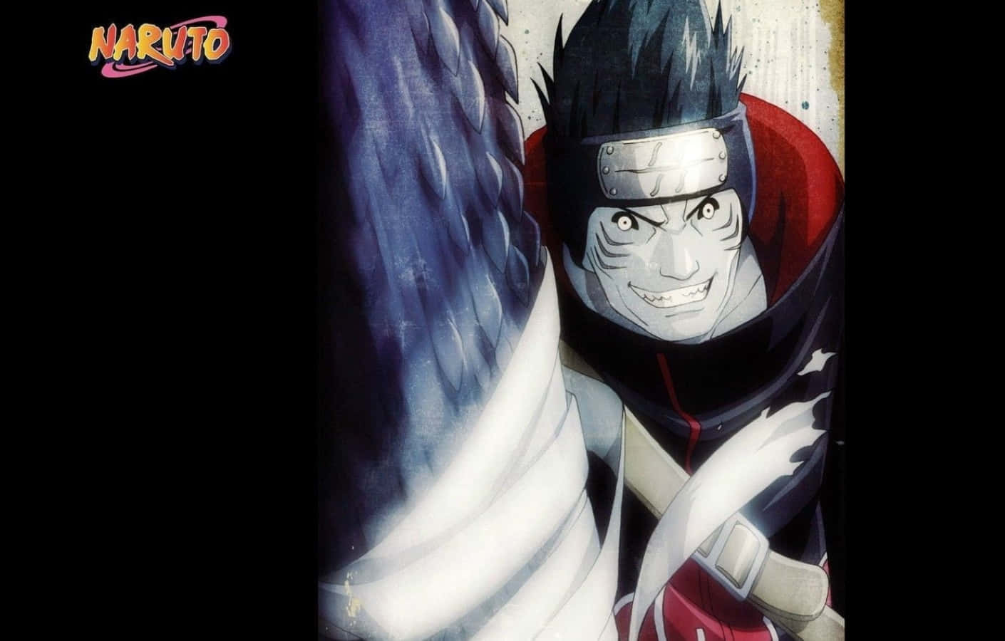 Akatsuki Ninja 桌布 壁紙 — 一個兇猛嘅動漫忍者，有刺刺嘅黑色頭髮同老虎紋面，揸住一把巨大嘅藍白武器，做出鬼臉。