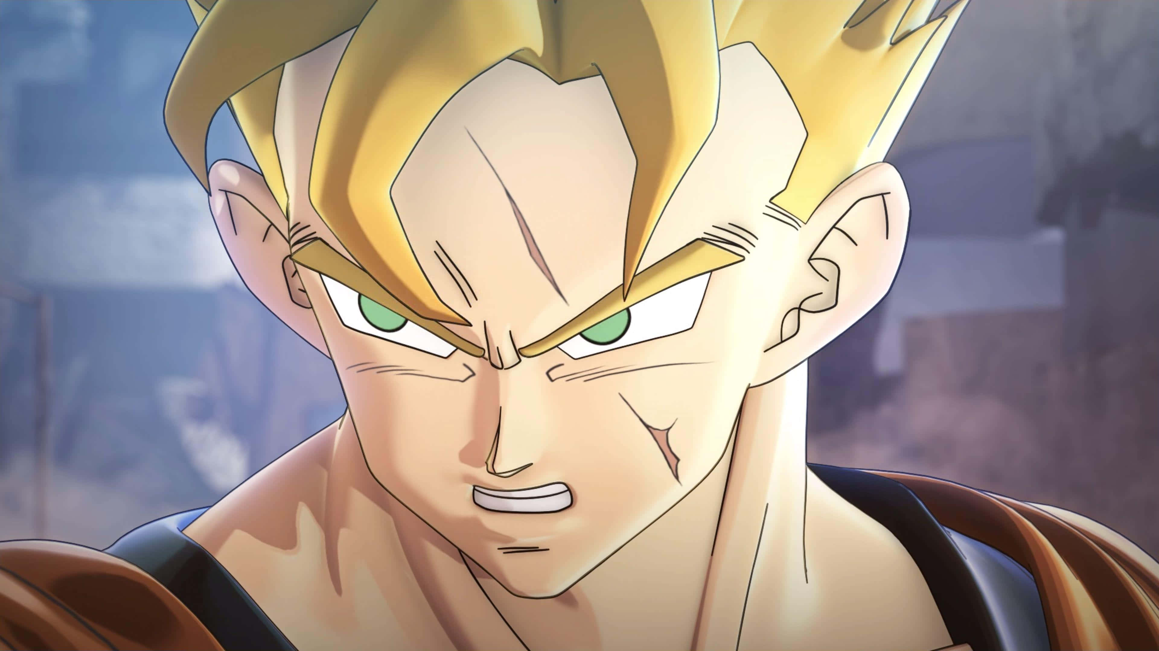Dragon Ball Xenoverse 桌布 壁紙 — 一個兇猛嘅動漫戰士，擁有尖刺金色頭髮同綠色眼睛，咬緊牙關，眼神凌厲。