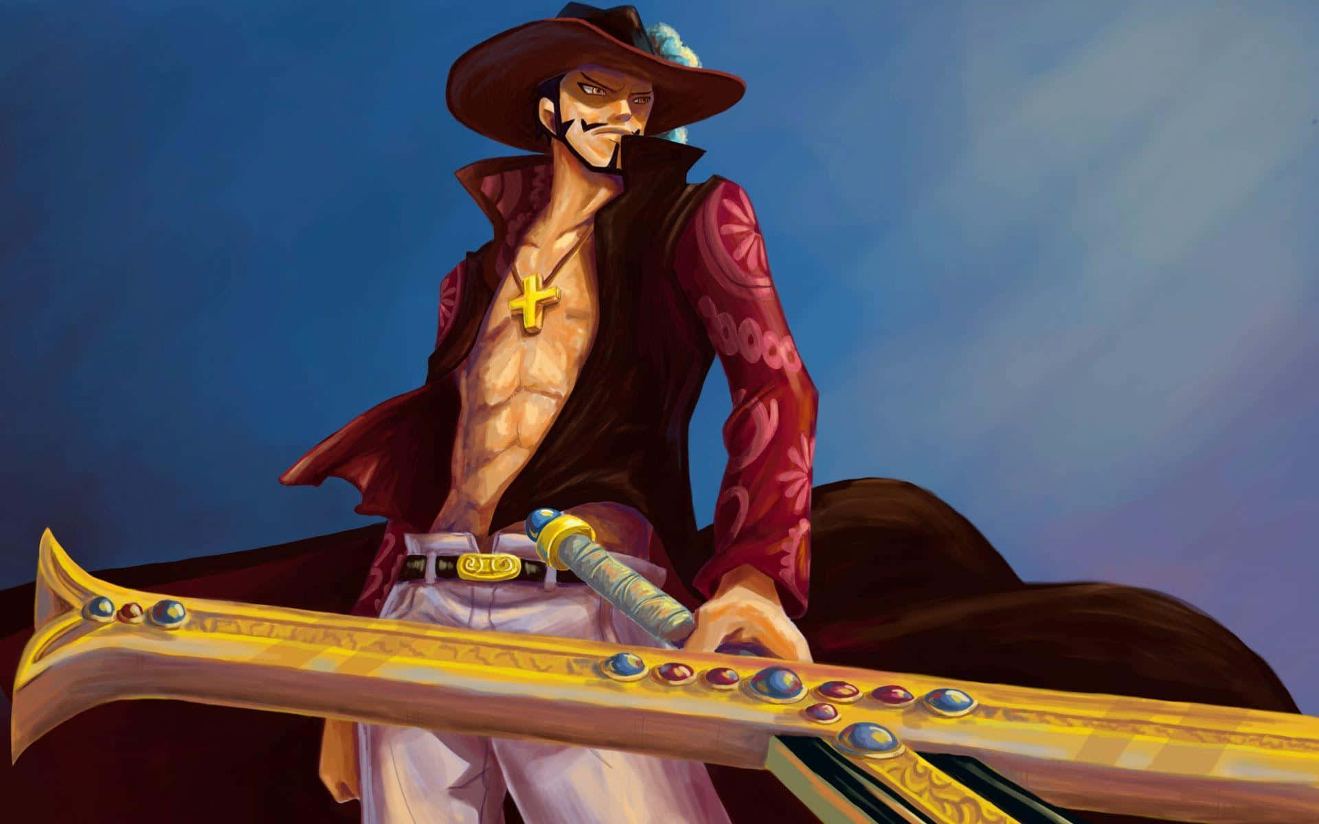 Dracule Mihawk 桌布 壁紙 — 一個兇猛嘅動漫海盜，戴住闊邊帽同金十字架頸鏈，喺深藍色天空下緊握一把鑲滿寶石嘅劍。