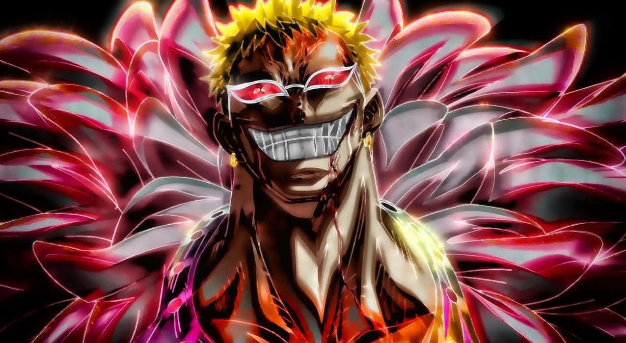 Donquixote Doflamingo 桌布 壁紙 — 一個兇猛嘅動漫角色，擁有尖刺嘅黃色頭髮同發光嘅紅色眼睛，喺黑暗背景中散發出力量，帶有充滿活力嘅粉紅色同紫色能量翅膀。