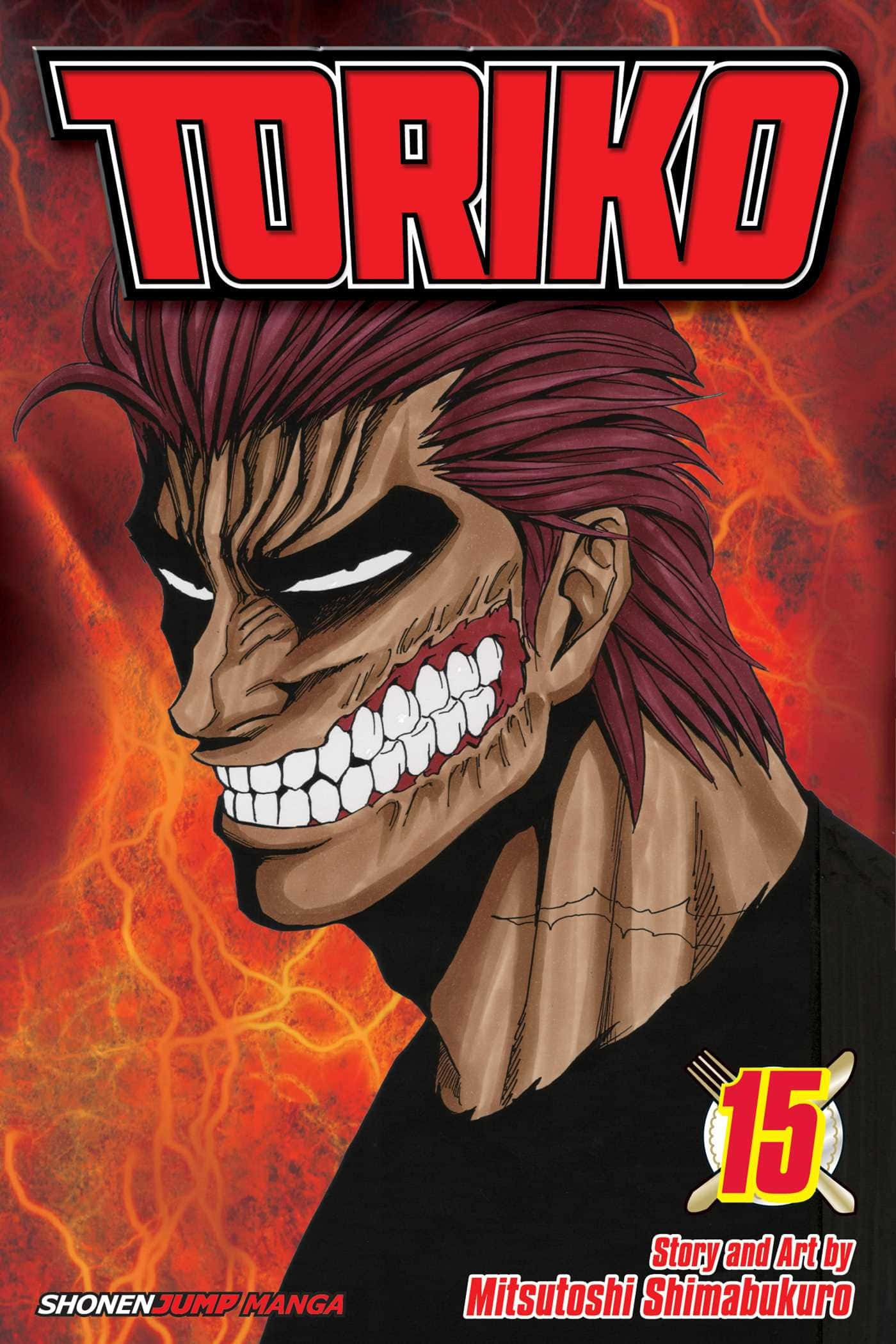 Toriko 桌布 壁紙 — 一個兇猛嘅動漫角色，擁有栗色頭髮同寬闊嘅笑容，背景係火橙色。