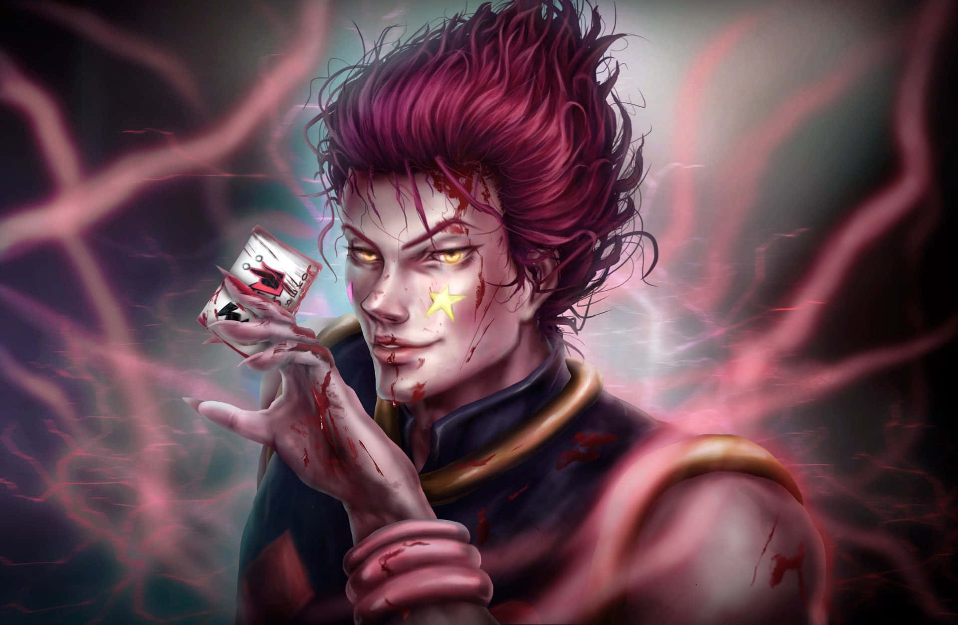 hisoka 桌布 壁紙 — 一個兇猛嘅動漫角色，擁有洋紅色頭髮同發光嘅眼睛，喺噼啪作響嘅粉紅色能量中揸住一張沾滿血嘅啤牌。