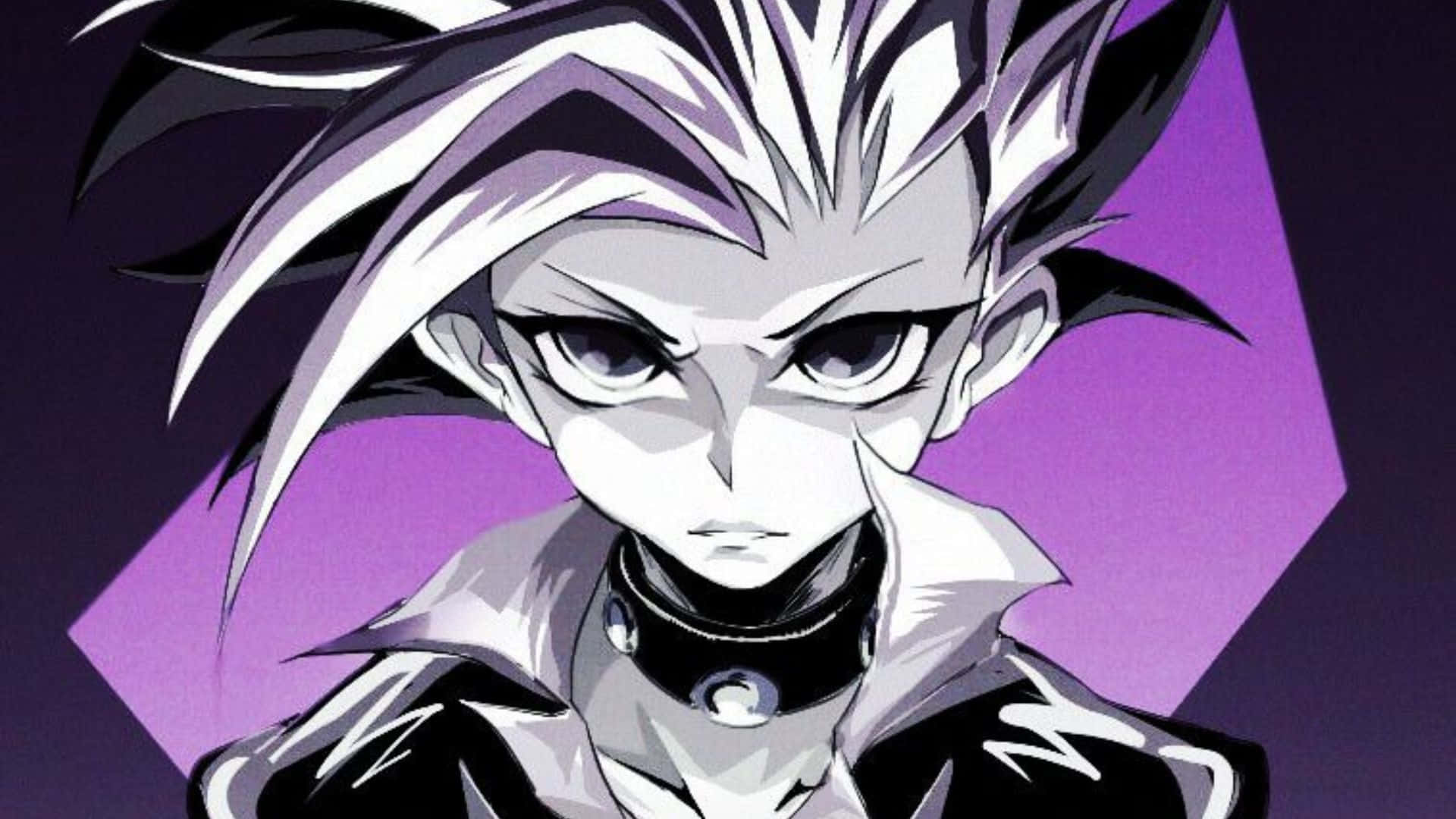 Yu-gi-oh Yuto 桌布 壁紙 — 一個兇猛嘅動漫角色，有尖刺嘅白色同黑色頭髮，喺大膽嘅紫色幾何背景前強烈凝視。