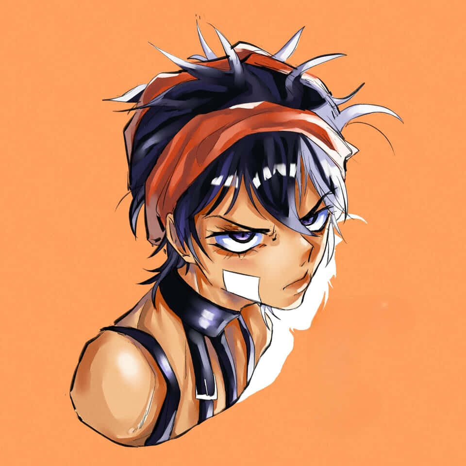 Narancia Ghirga 桌布 壁紙 — 一個兇猛嘅動漫角色，有尖刺嘅黑白頭髮、橙色頭帶同封住嘅嘴，喺純橙色背景前強烈地凝視。