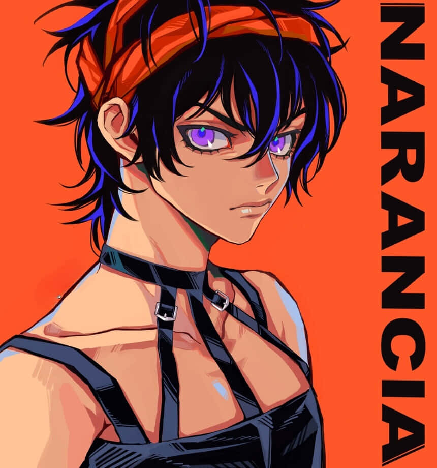 Narancia Ghirga 桌布 壁紙 — 一個兇猛嘅動漫角色，有尖刺嘅黑色同藍色頭髮、紫色眼睛同橙色頭帶，喺充滿活力嘅橙色背景前強烈凝視。