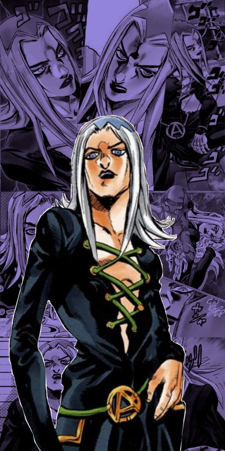 Leone Abbacchio 桌布 壁紙 — 一個兇猛嘅動漫角色，白色頭髮同綠色綁帶，企喺紫色漫畫面板背景嘅中央。