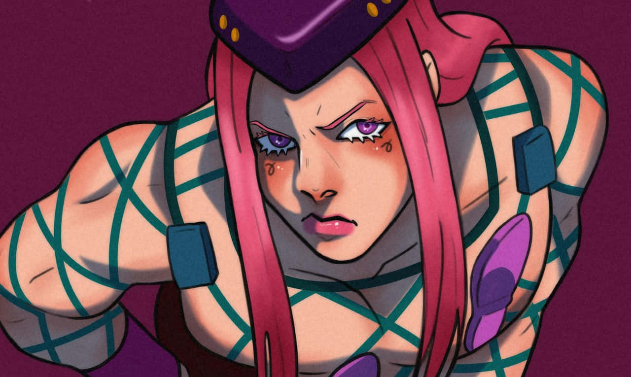 Narciso Anasui 桌布 壁紙 — 一個兇猛嘅動漫角色，粉紅色頭髮同紫色眼睛，喺深紫色背景前被青綠色帶綁住，強烈地凝視。