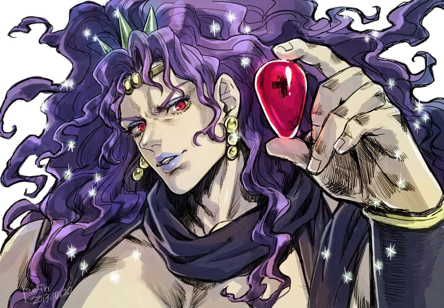 Jojo's Bizarre Adventure Kars 桌布 壁紙 — 一個兇猛嘅動漫角色，紫色頭髮同紅色眼睛，揸住一個發光嘅紅色心形物體，周圍有閃爍嘅星星。