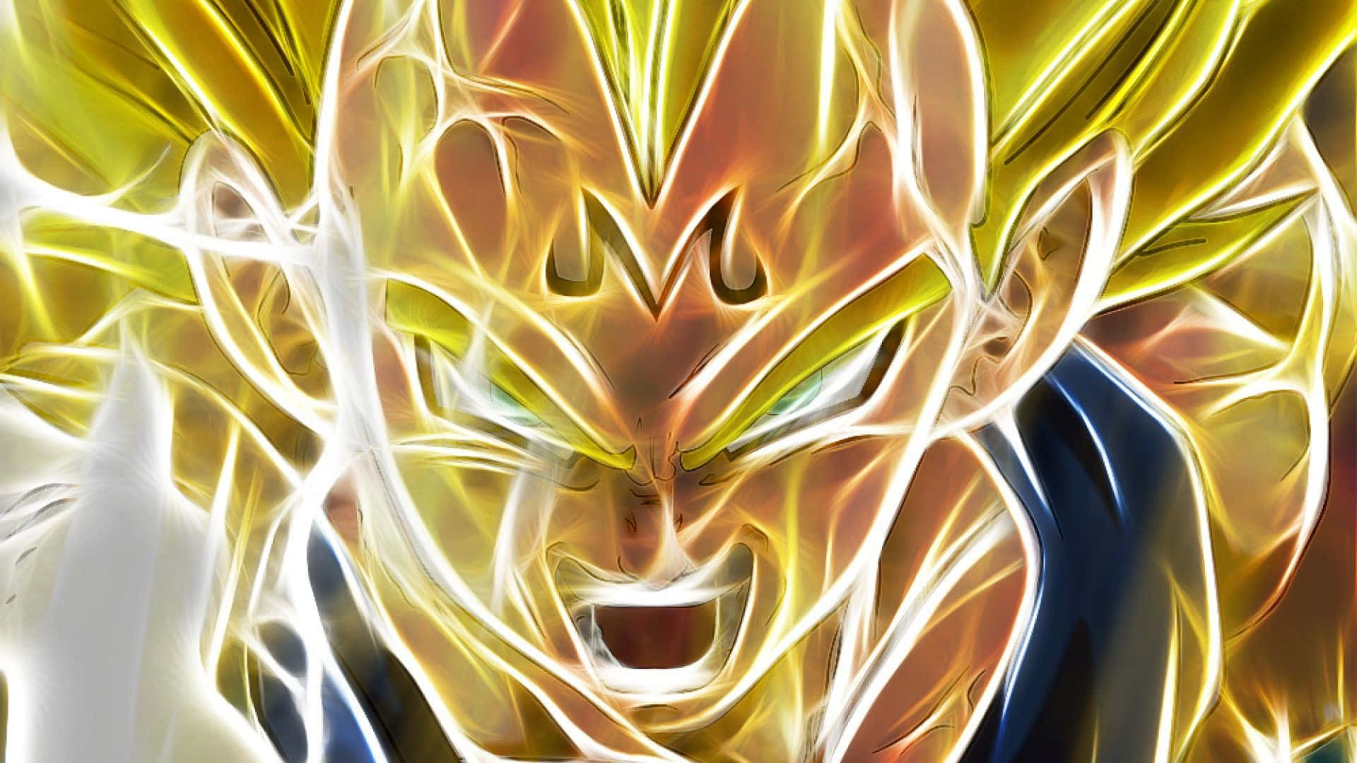 Vegeta Art 桌布 壁紙 — 一個兇猛嘅動漫角色，金色頭髮同發光嘅眼睛，喺動態數碼藝術風格中散發出強烈嘅能量。