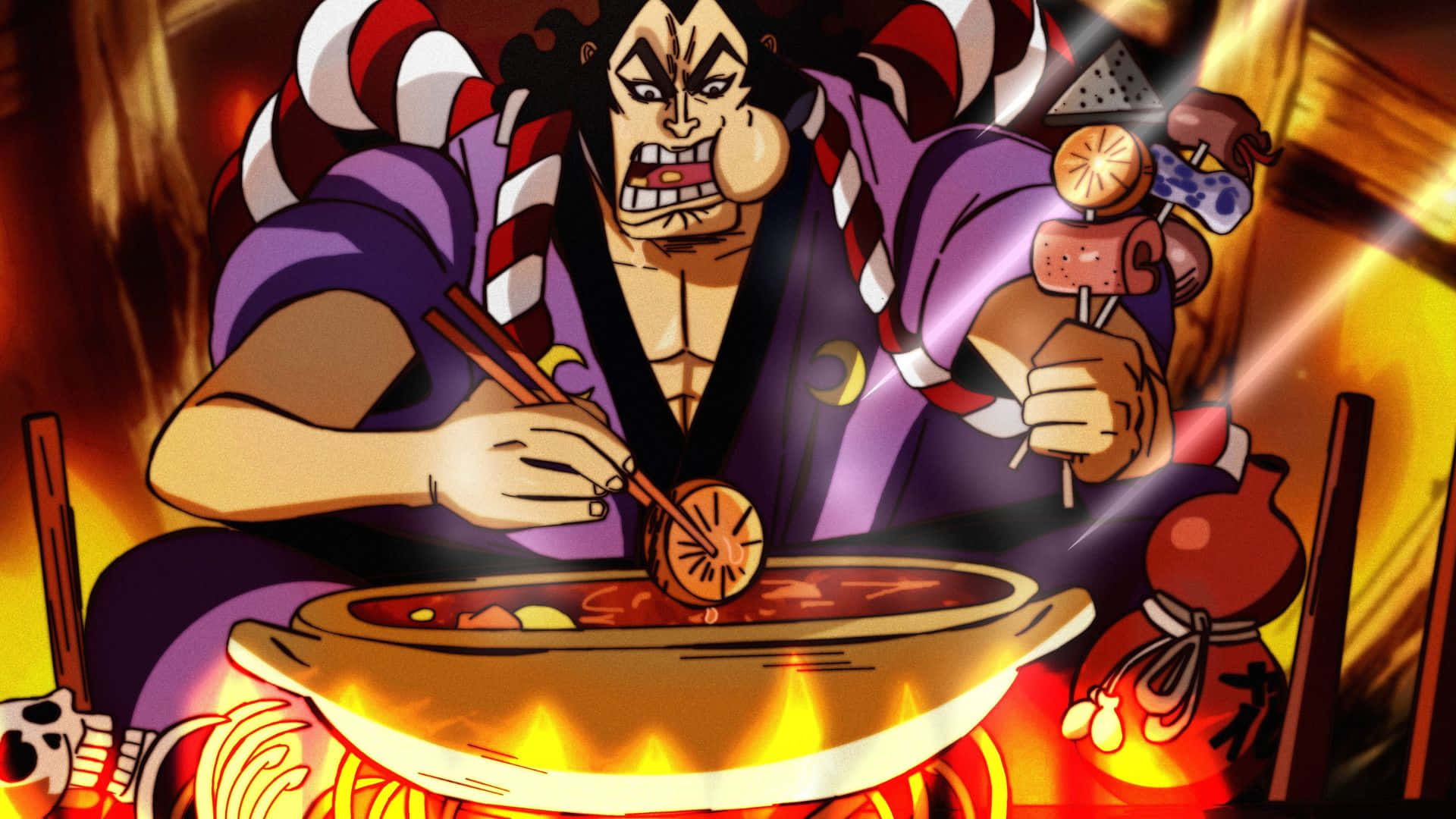 Kozuki Oden 桌布 壁紙 — 一個兇猛嘅動漫角色穿著紫色長袍，喺火焰上嘅蒸鍋中憤怒咁食嘢，同時揸住串燒。