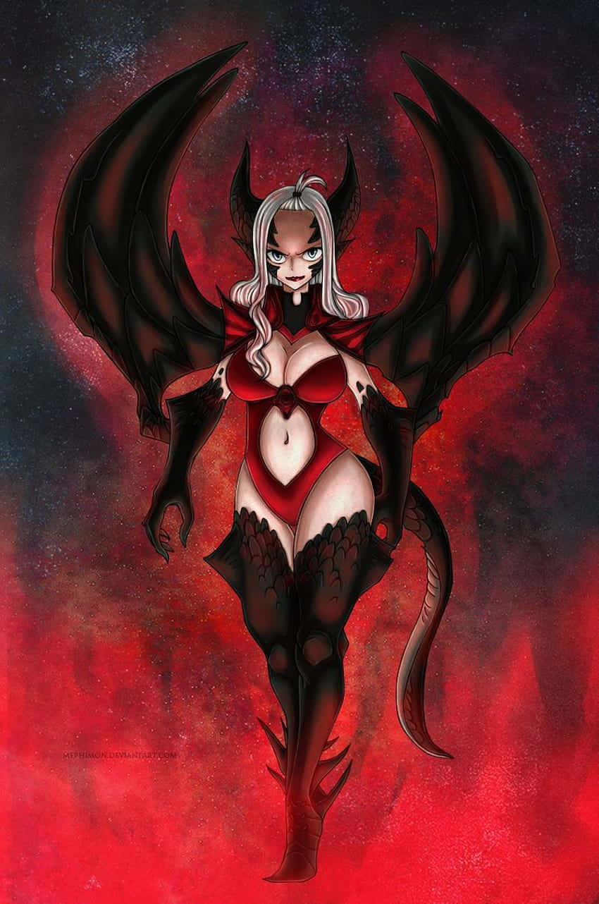 Mirajane Strauss 桌布 壁紙 — 一個兇猛嘅動畫女惡魔，白色頭髮、黑色翅膀同紅色服裝，企喺宇宙紅色同黑色星雲背景前面。