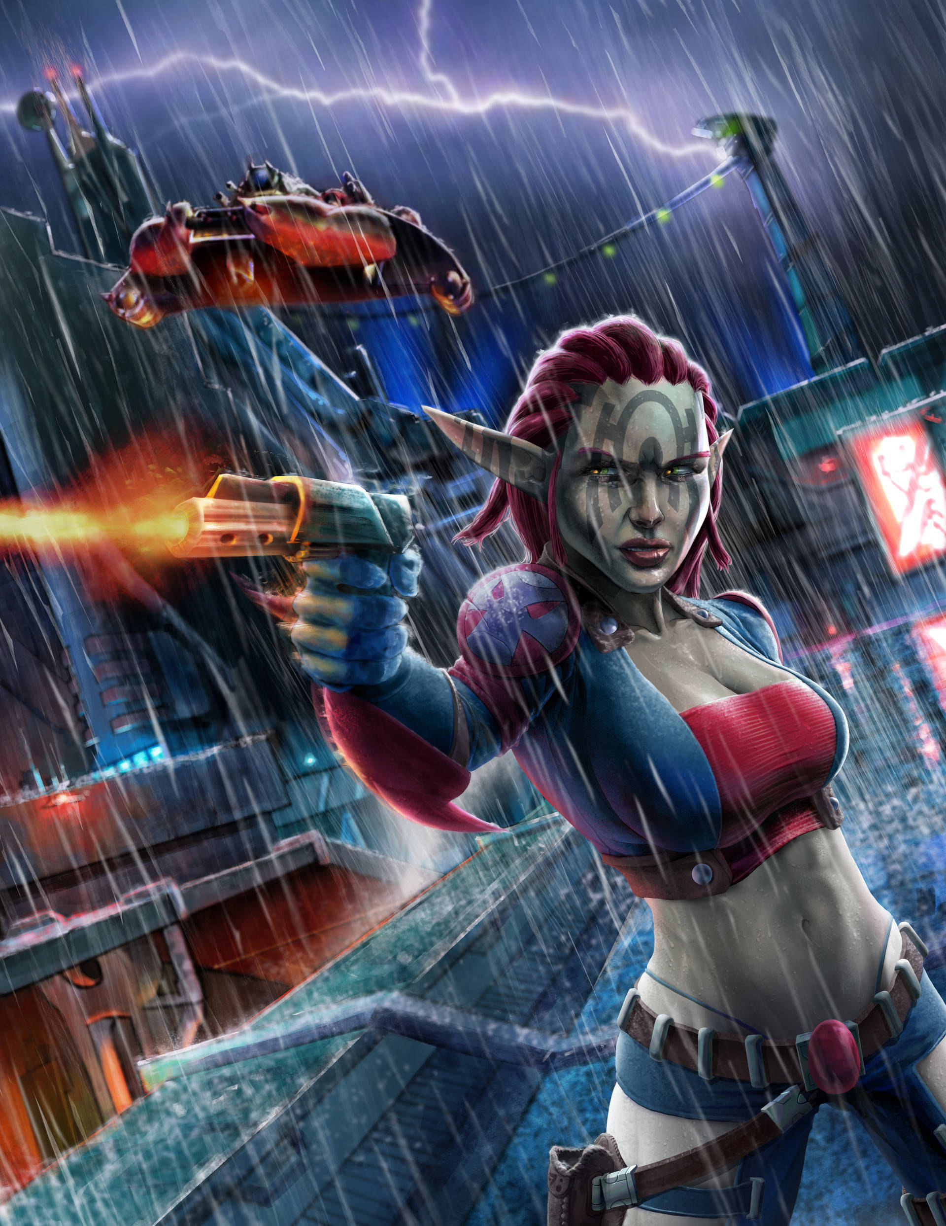 Jak 3 Ashelin 3D 壁紙 — 一個兇猛嘅外星女人，粉紅色頭髮，喺雷電交加嘅雨夜霓虹 cyberpunk 城市景觀中發射 blaster。