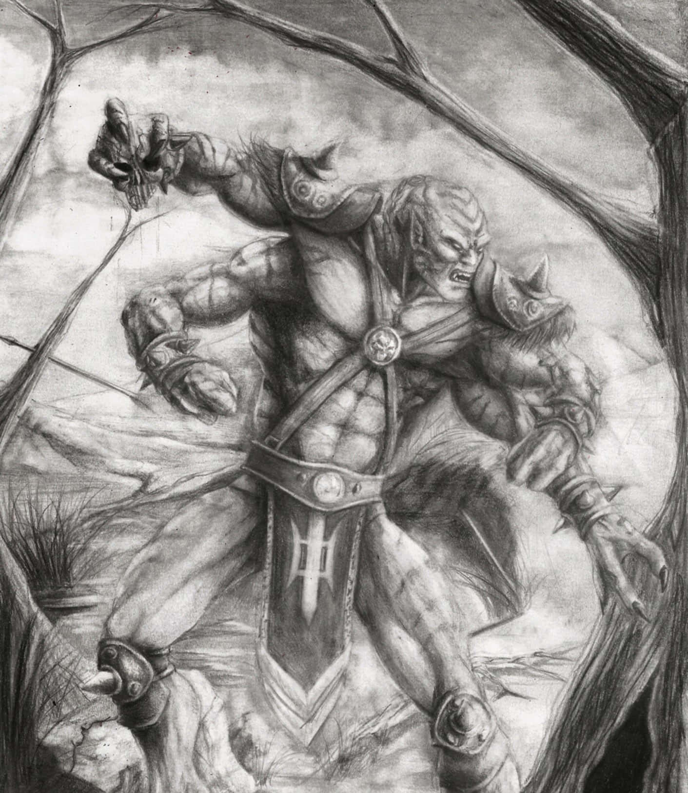 Mortal Kombat Kintaro 桌布 壁紙 — 一個兇猛強壯的戰士手持骷髏頭武器，在由扭曲樹枝框住的動態炭筆素描中向前猛衝。