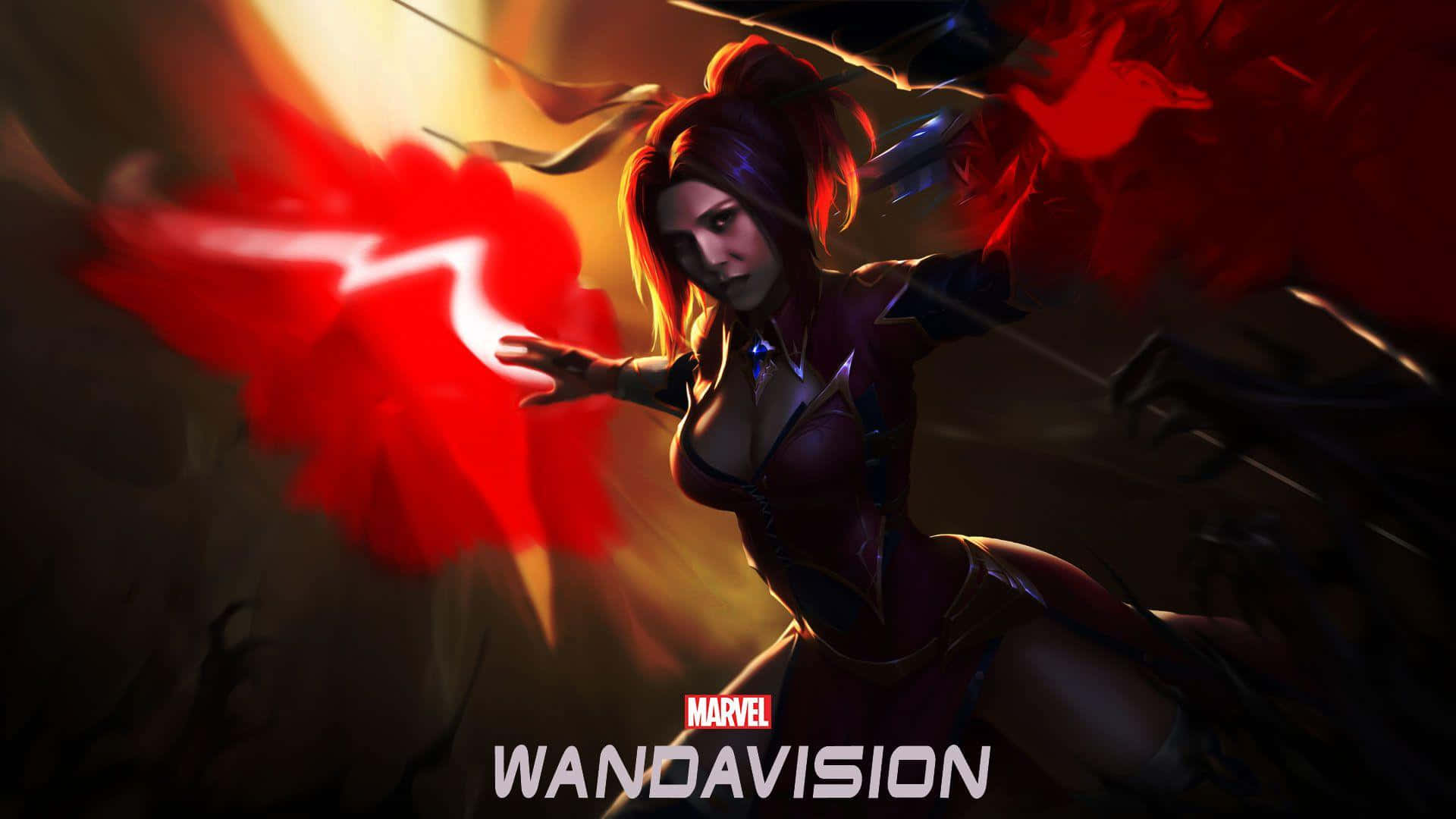 Wandavision 桌布 壁紙 — 一個兇猛的Marvel角色在黑暗、火熱的背景前，以動態、電影般的姿勢引導發光的紅色能量。