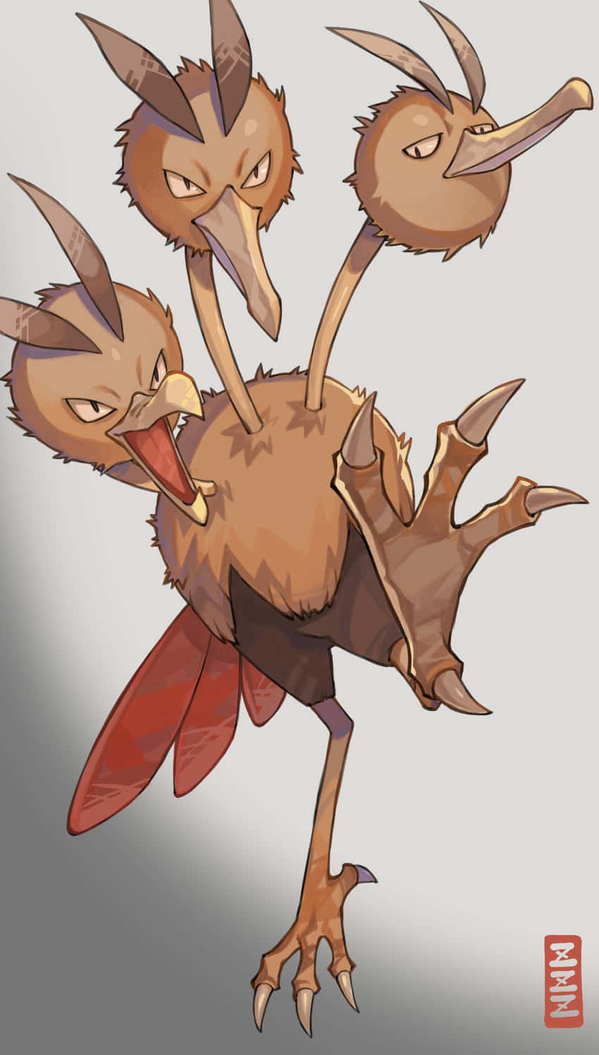 遊戲 桌布 壁紙 — 一個兇猛的三頭鳥類生物，擁有鋒利的爪子和紅色翅膀，站在純灰色背景前。