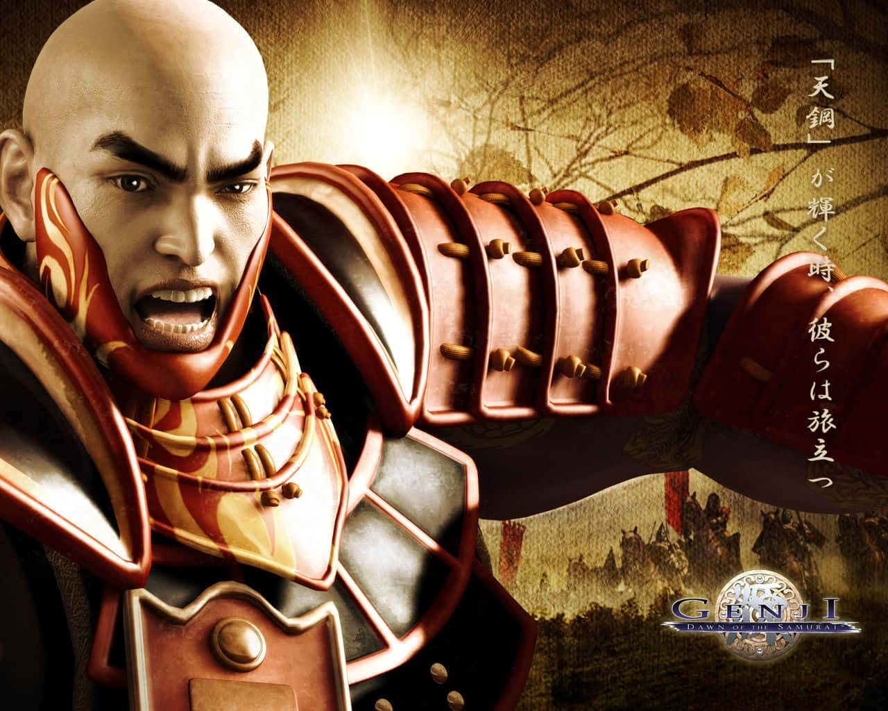 Samurai Movies 桌布 壁紙 — 一個兇猛的光頭武士戰士，身穿華麗的紅色盔甲，在帶有日文字句的羊皮紙背景前猛烈咆哮。
