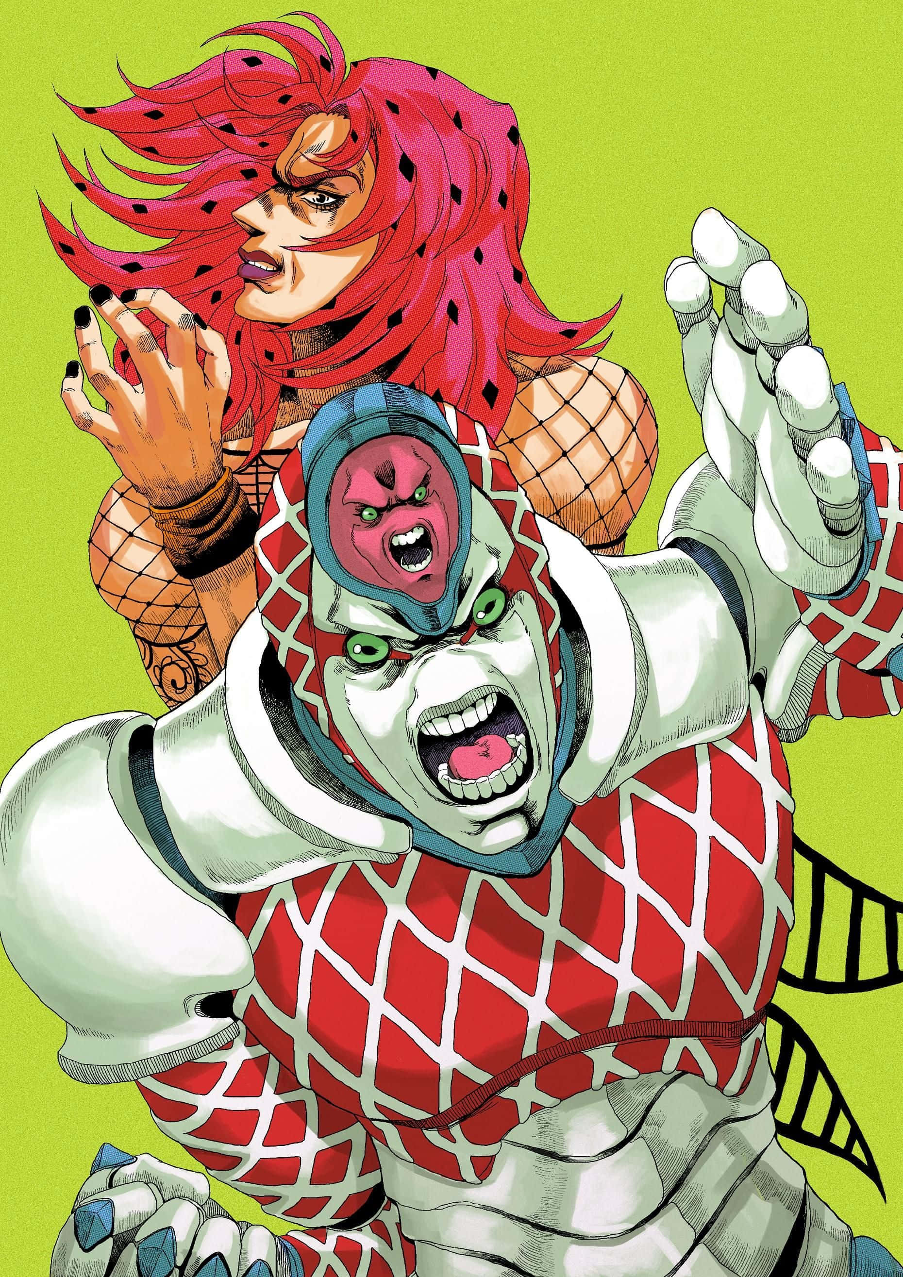 Jojo King Crimson 桌布 壁紙 — 一個兇猛的動漫女人，擁有紅色西瓜主題的頭髮，站在一隻咆哮的裝甲生物後面，該生物有紅色和白色的鑽石圖案。