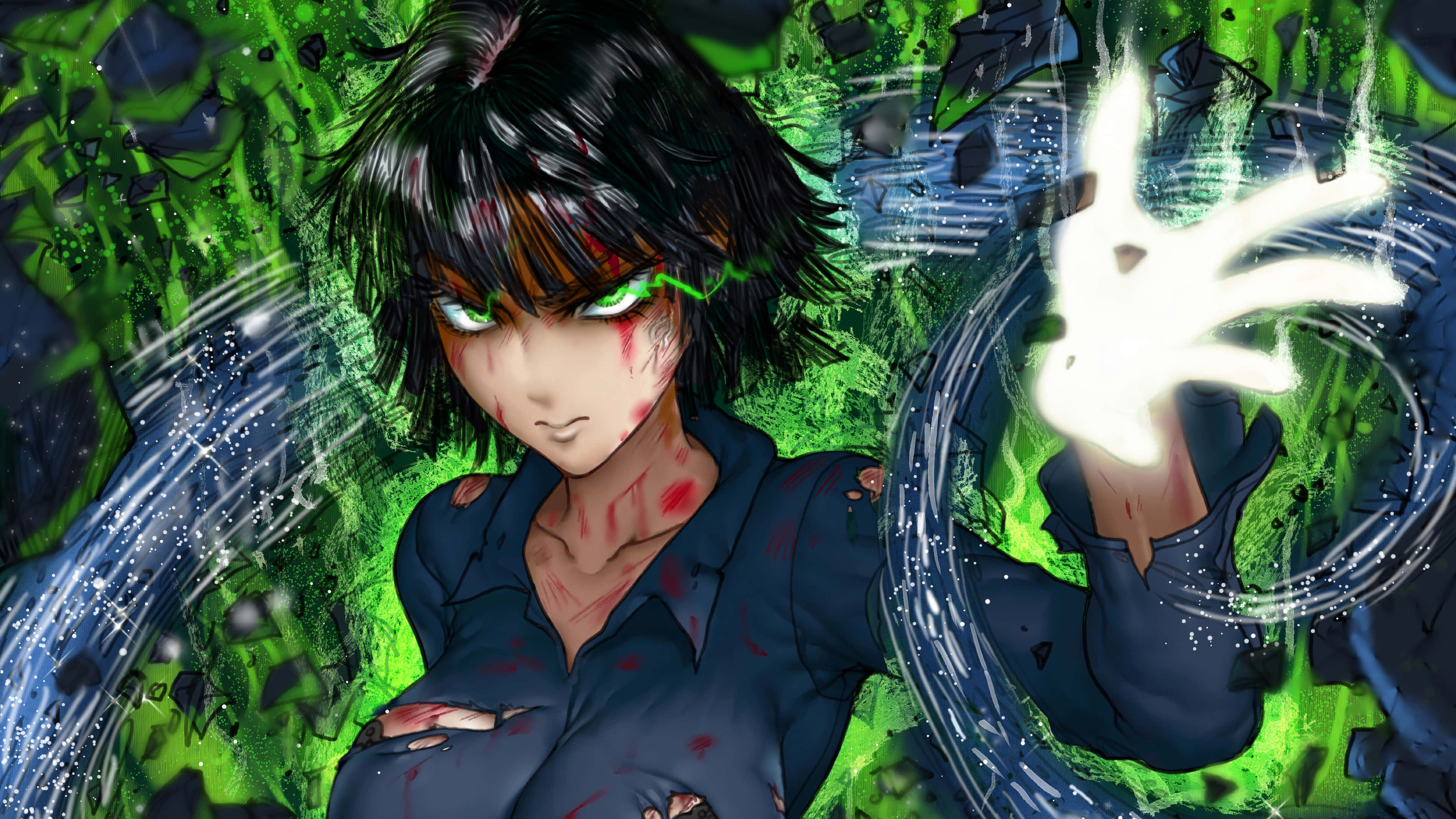 Fubuki 桌布 壁紙 — 一個兇猛的動漫女孩，擁有發光的綠色眼睛和血跡斑斑的臉，對著破碎的綠色和藍色背景釋放出一道明亮的能量衝擊波。
