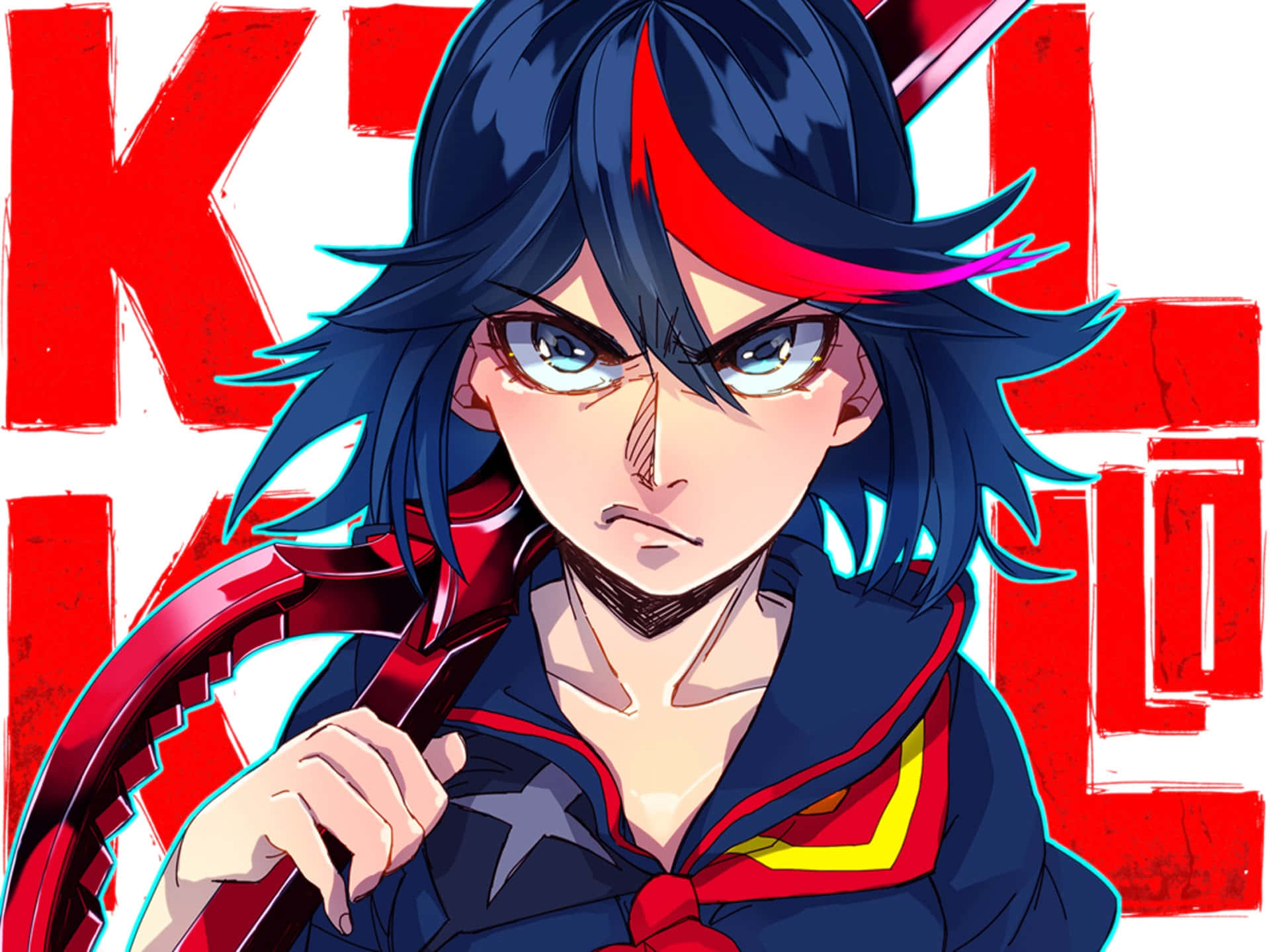 ryuko matoi 桌布 壁紙 — 一個兇猛的動漫女孩，深藍色頭髮帶紅色挑染，在鮮明的紅白背景下緊握一把紅色劍。