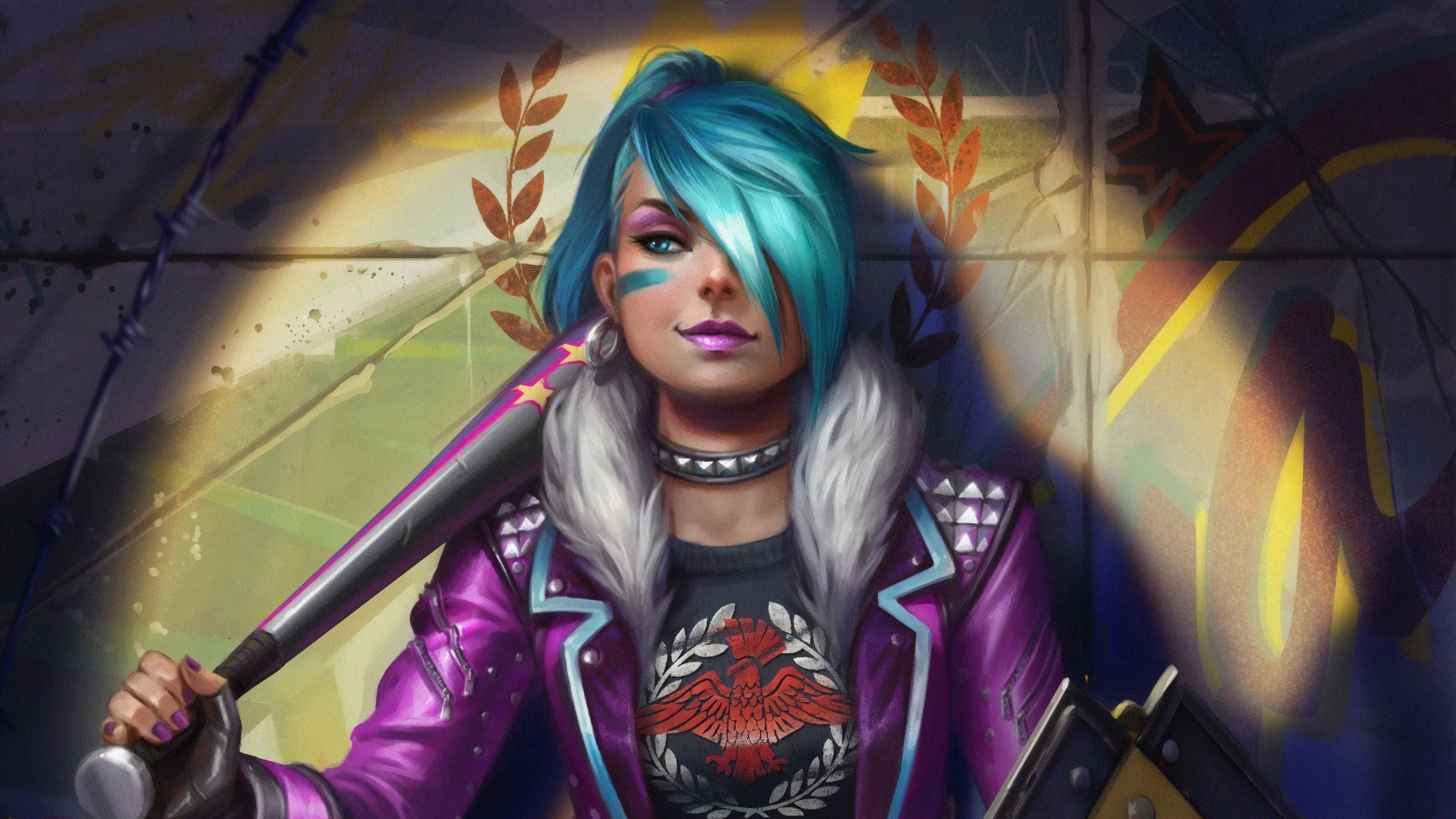 Jinx 桌布 壁紙 — 一個兇猛的動漫女孩，藍色頭髮和紫色外套，在戲劇性的聚光燈下，對著塗鴉牆揮舞著棒球棍。