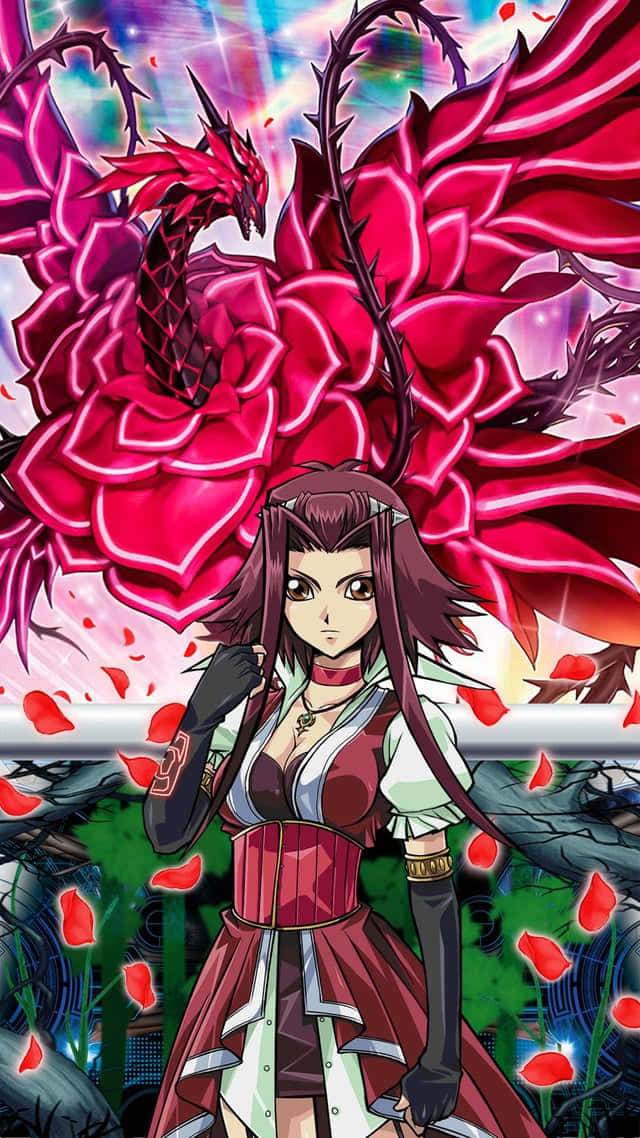 Yugioh Dragons 桌布 壁紙 — 一個兇猛的動漫女孩，長長的黑髮，站在一朵巨大的發光紅玫瑰前，玫瑰內盤旋著一條龍。