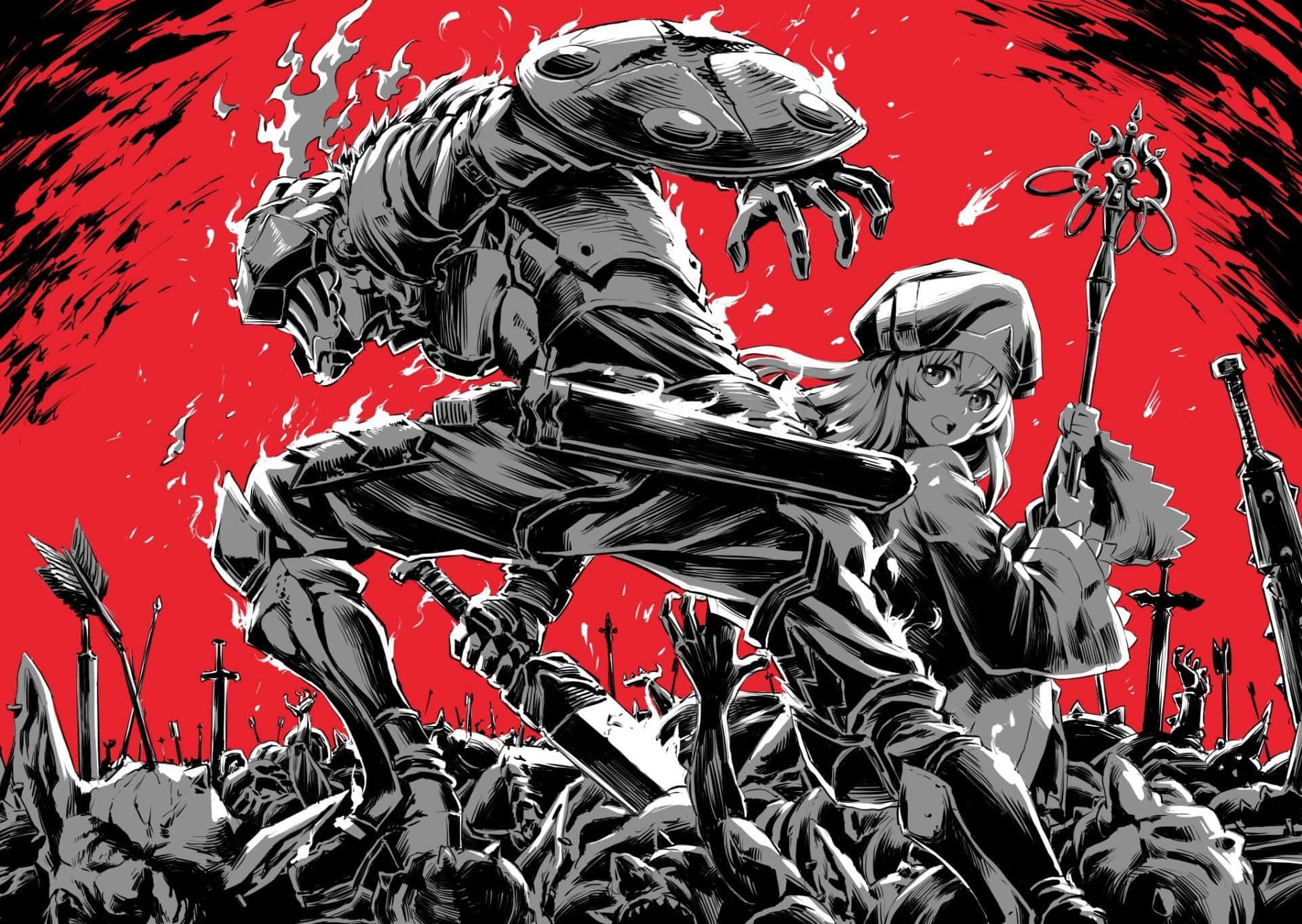 Goblin Slayer 桌布 壁紙 — 一個兇猛的動漫女戰士在血紅色的天空下，於佈滿倒下的敵人的戰場上揮劍對抗一個 monstrous 裝甲敵人。