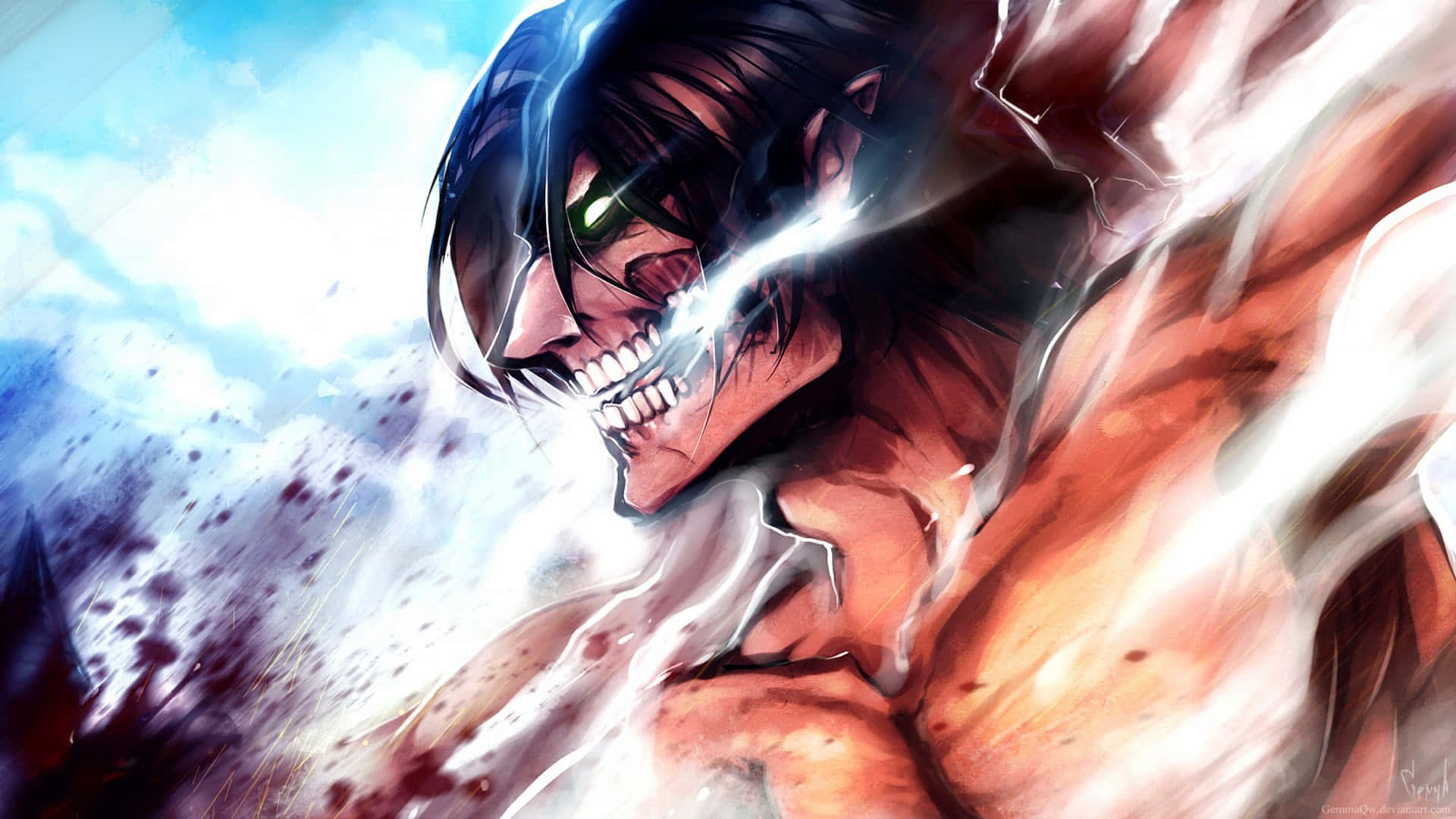 Attack On Titan Video Game 桌布 壁紙 — 一個兇猛的動漫巨人，擁有發光的綠色眼睛和鋒利的牙齒，在血濺中對著暴風雨的天空咆哮。