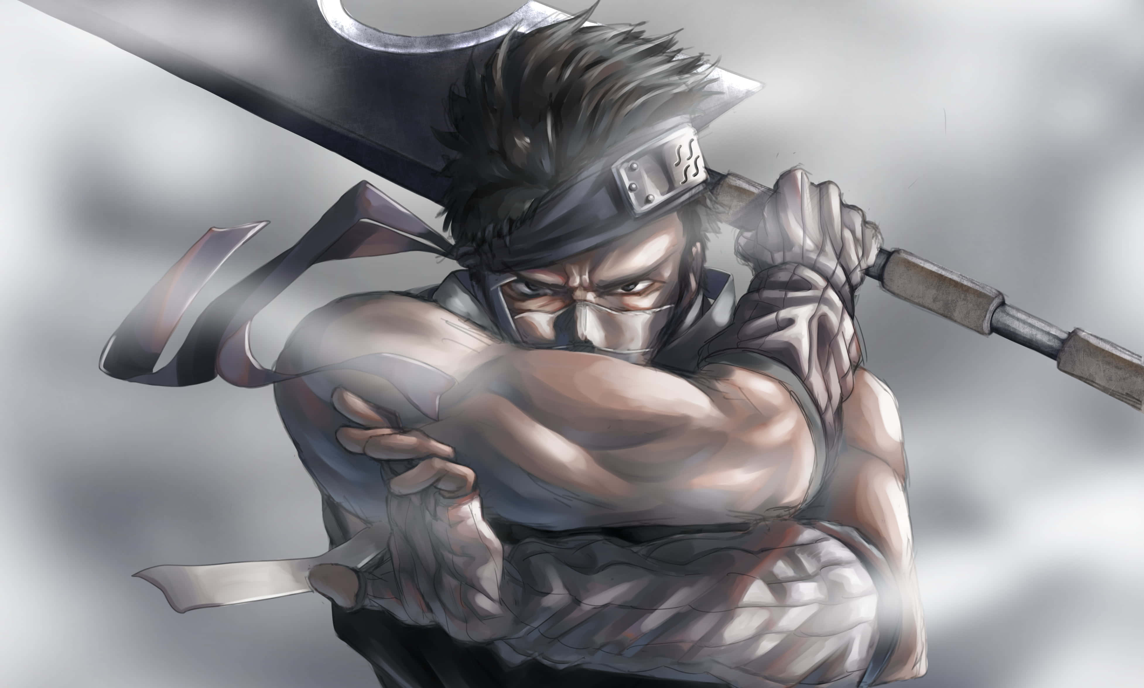 Zabuza Momochi 桌布 壁紙 — 一個兇猛的動漫忍者，肩上扛著一把大刀，手裡拿著一把小刀，在灰色多雲的背景前準備就緒。