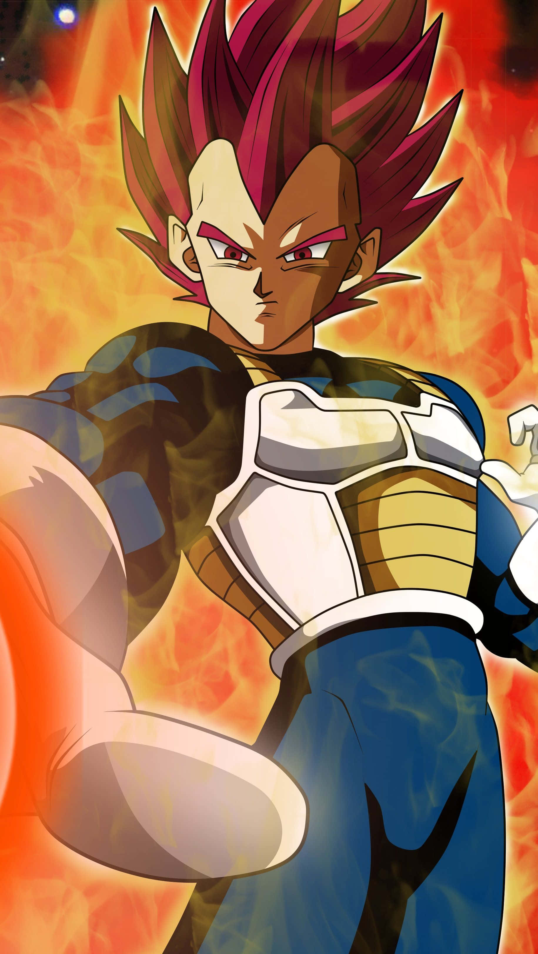 Vegeta Super Saiyan God 桌布 壁紙 — 一個兇猛的動漫戰士，擁有尖刺的洋紅色頭髮和發光的眼睛，站在熾熱的橙色背景前。