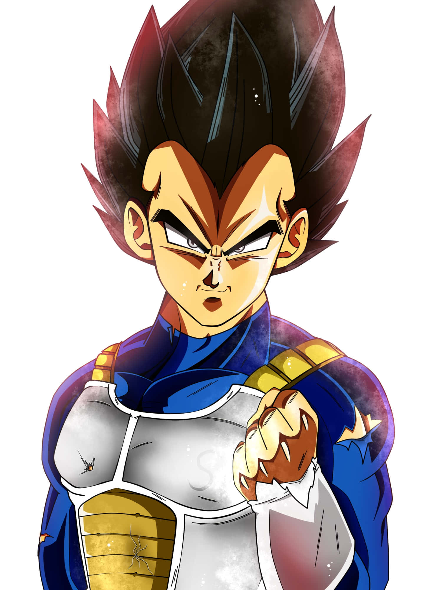 Vegeta Ultra Instinct 桌布 壁紙 — 一個兇猛的動漫戰士，擁有尖刺的深色頭髮和發光的眼睛，以備戰姿勢握緊拳頭。