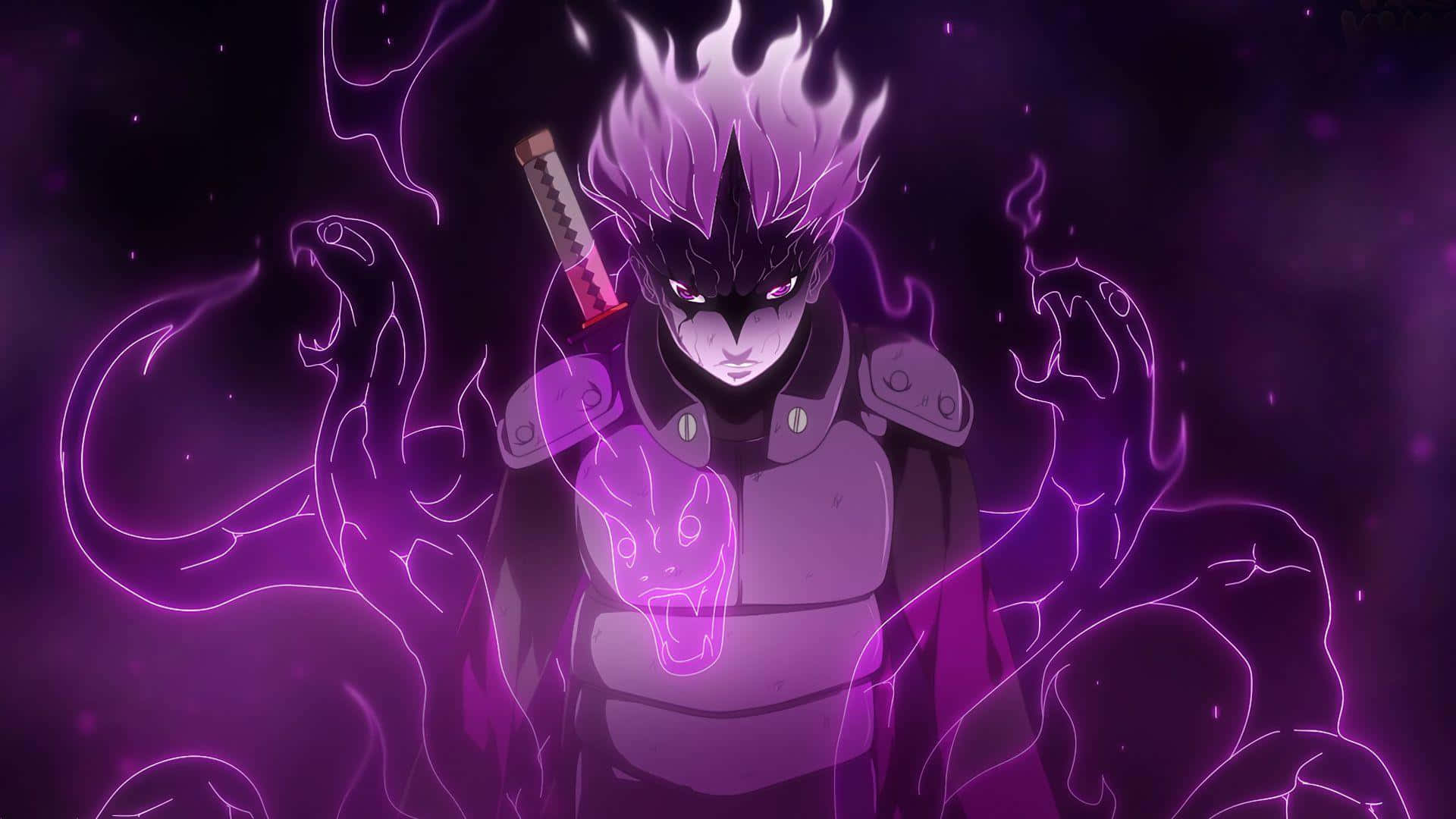 Mitsuki 桌布 壁紙 — 一個兇猛的動漫戰士，擁有尖刺的紫色頭髮和發光的眼睛，被旋轉的紫色惡魔能量和幽靈生物包圍。
