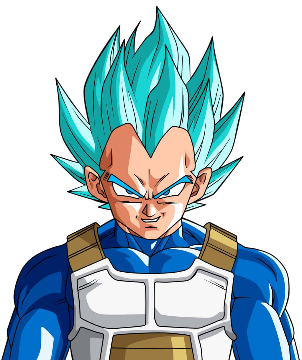 Vegeta Super Saiyan Blue 桌布 壁紙 — 一個兇猛的動漫戰士，擁有尖刺的藍色頭髮和強烈的藍色眼睛，穿著藍白相間的盔甲服，背景是純白色。