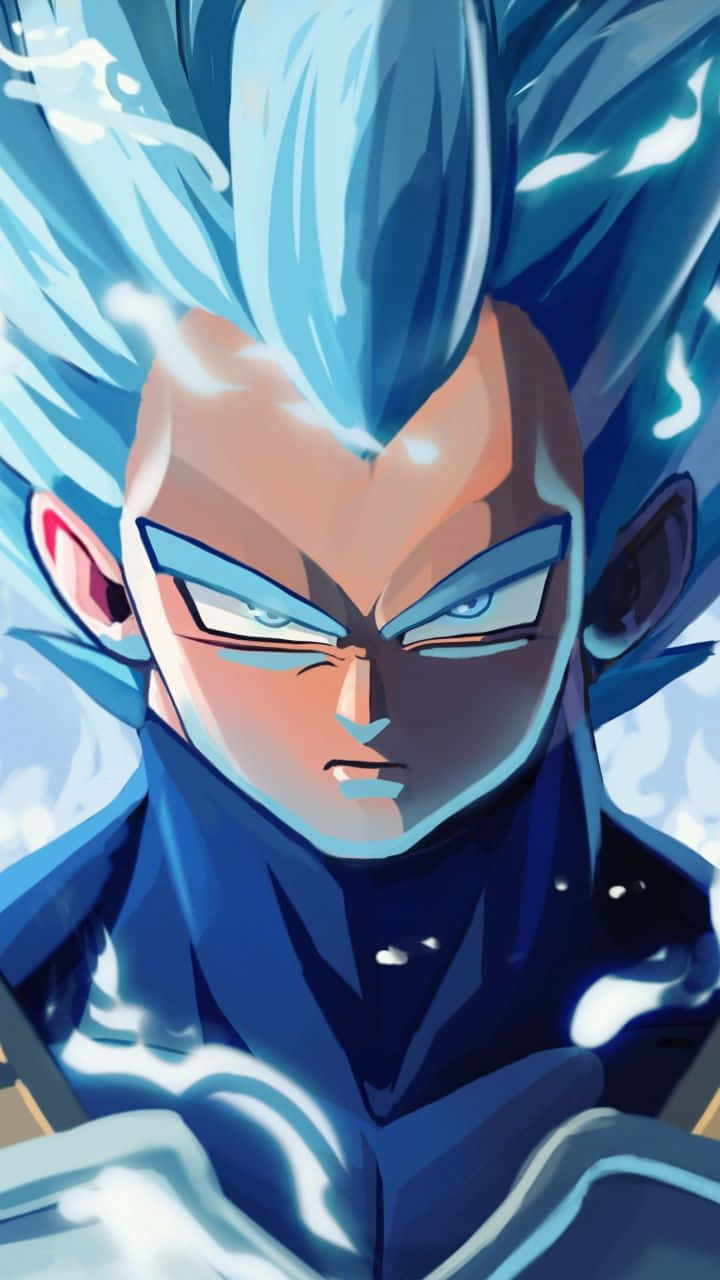 Vegeta Art 桌布 壁紙 — 一個兇猛的動漫戰士，擁有尖刺的藍色頭髮和發光的光環，瞇著眼睛專注地向前凝視。