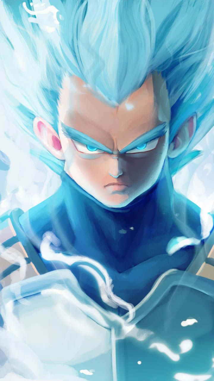 Vegeta Art 桌布 壁紙 — 一個兇猛的動漫戰士，擁有尖刺的藍色頭髮和發光的藍色眼睛，在動態的藍色能量光環中散發力量。