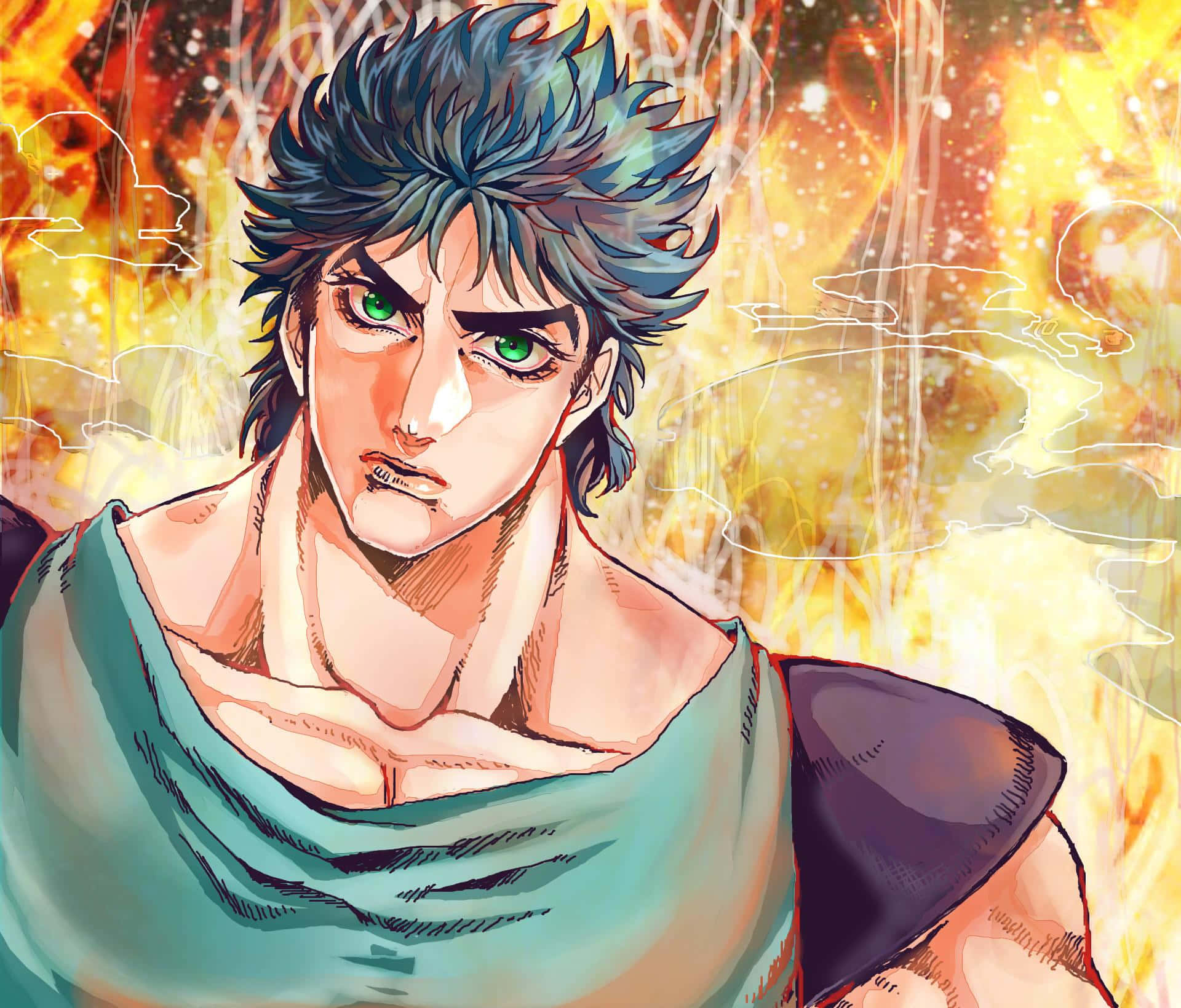 joseph joestar 桌布 壁紙 — 一個兇猛的動漫戰士，擁有尖刺的藍色頭髮和發光的綠色眼睛，站在火熱的金色背景前。