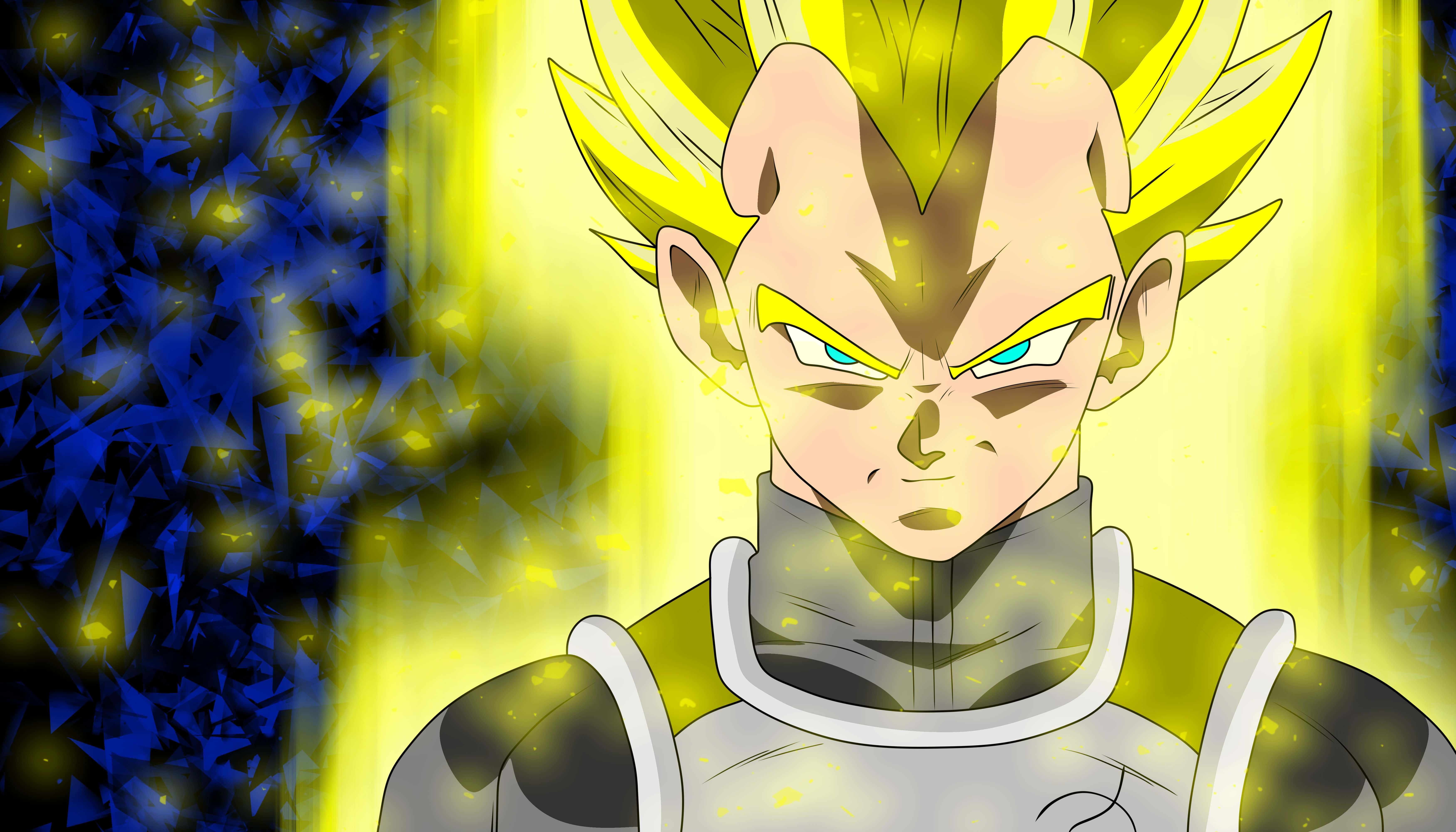 Vegeta Super Saiyan 桌布 壁紙 — 一個兇猛的動漫戰士，擁有尖刺的金色頭髮和發光的眼睛，在藍色和黃色的能量背景下散發力量。