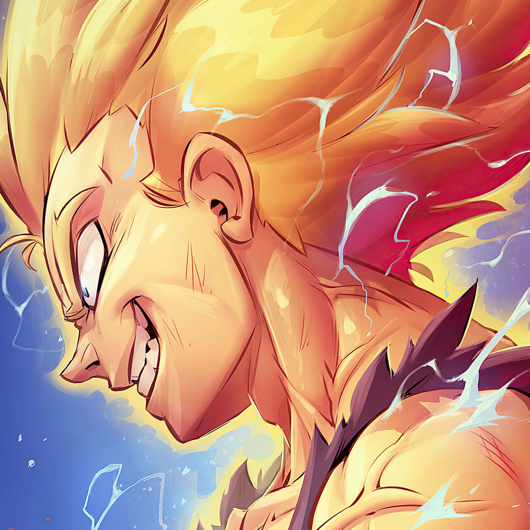 Vegeta Art 桌布 壁紙 — 一個兇猛的動漫戰士，擁有尖刺金髮和發光的眼睛，在藍天下，閃電在他頭頂劈啪作響，他發出怒吼。