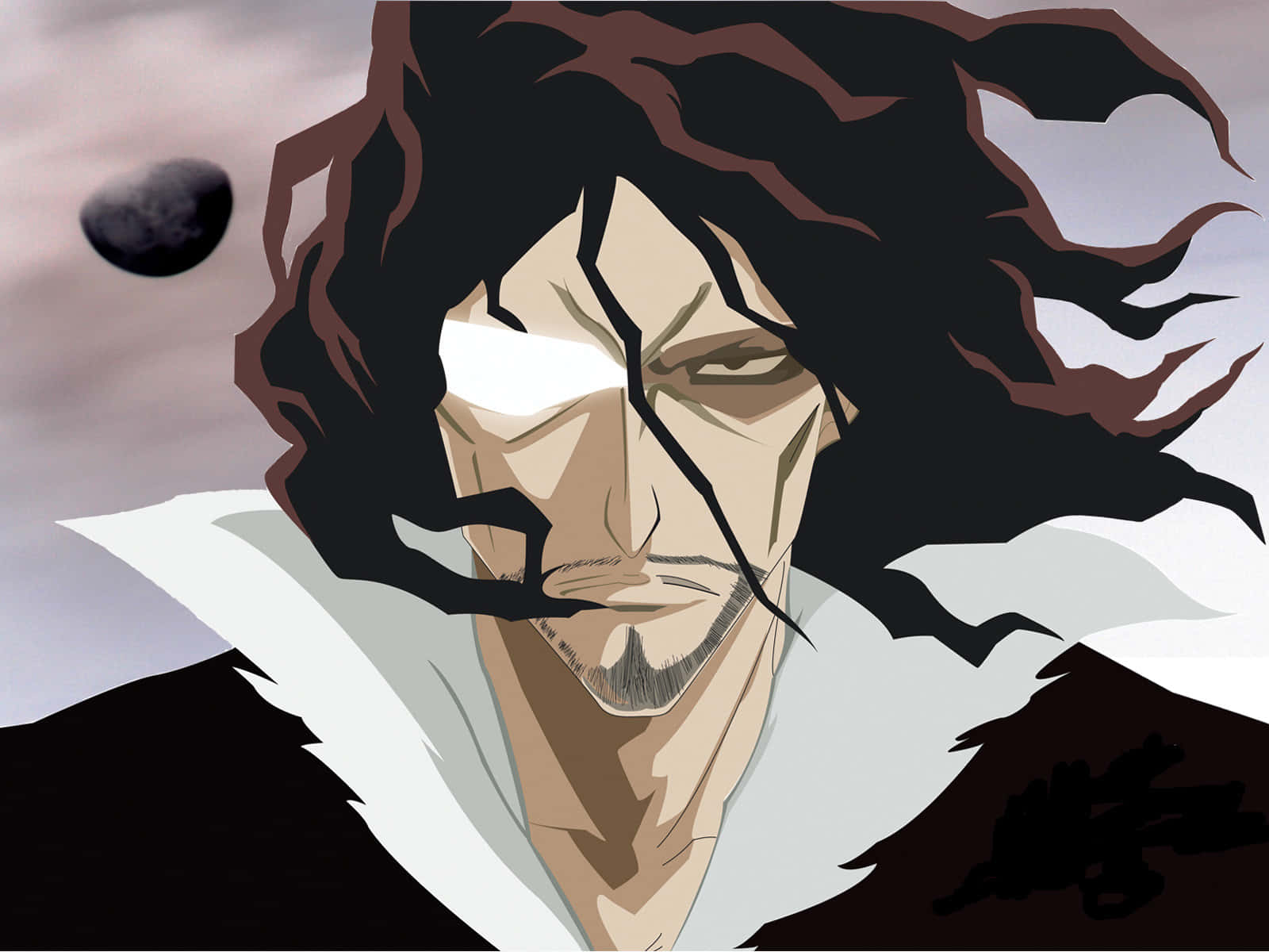 Zangetsu 桌布 壁紙 — 一個兇猛的動漫戰士，擁有狂野的黑髮和一隻白色的眼睛，在佈滿雲層的天空和月亮下強烈地凝視。