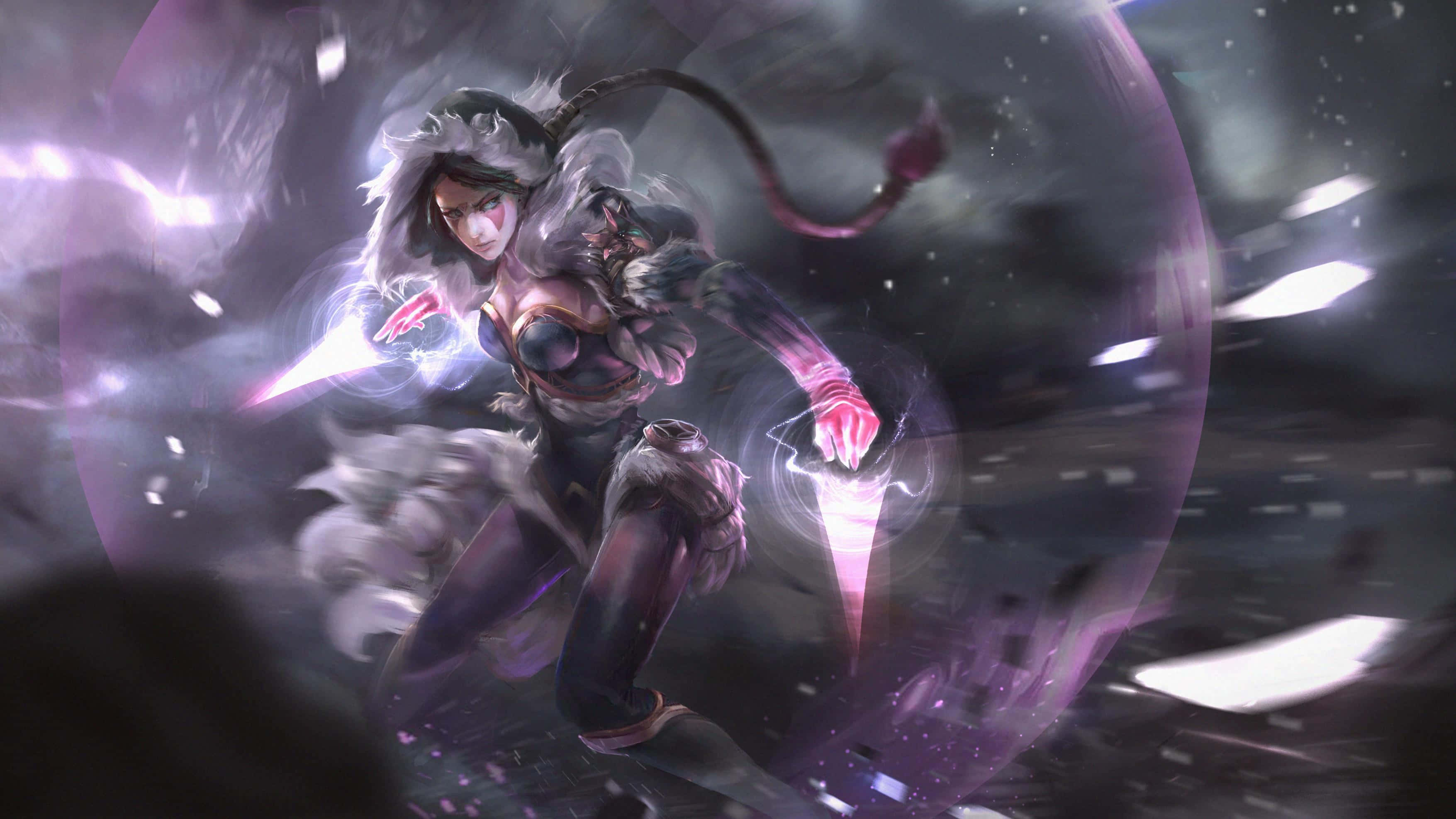 Templar Assassin 桌布 壁紙 — 一個兇猛的動漫戰士，擁有白色毛皮和發光的粉紅色能量刀片，劃過旋轉的宇宙漩渦。