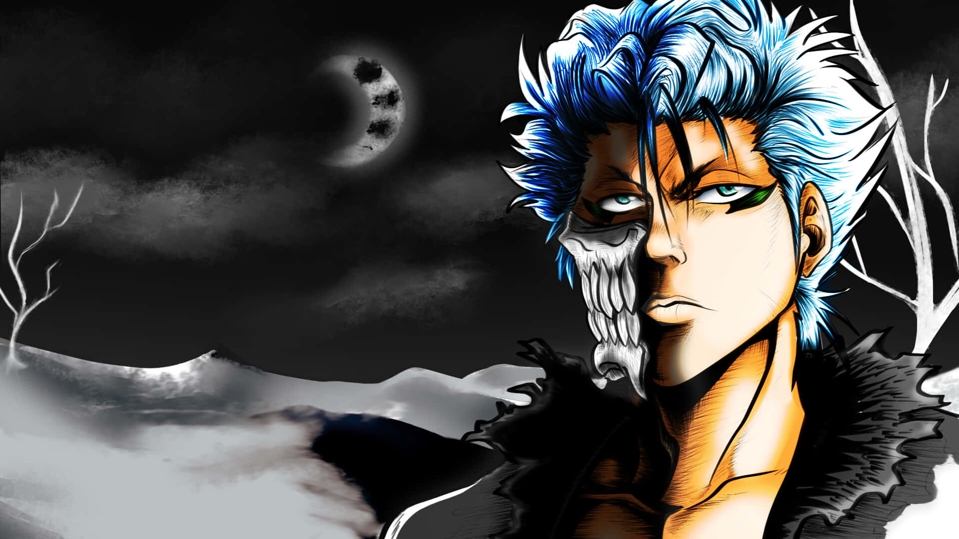 Grimmjow Jaegerjaquez 桌布 壁紙 — 一個兇猛的動漫戰士，擁有藍色尖刺頭髮和半邊骷髏臉，站在黑暗月光下的雪景中。