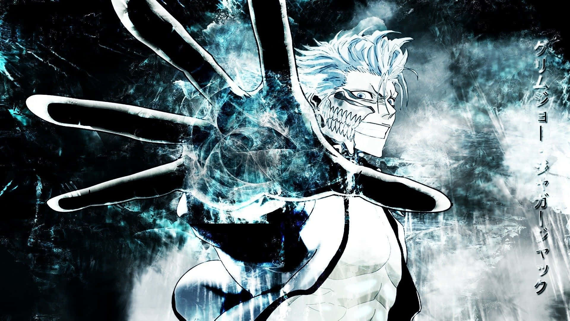 Grimmjow Jaegerjaquez 桌布 壁紙 — 一個兇猛的動漫戰士，有著尖刺的白髮和鋸齒狀的笑容，在暴風雨般的黑暗背景下，從他伸出的手中釋放出發光的藍色能量衝擊波。