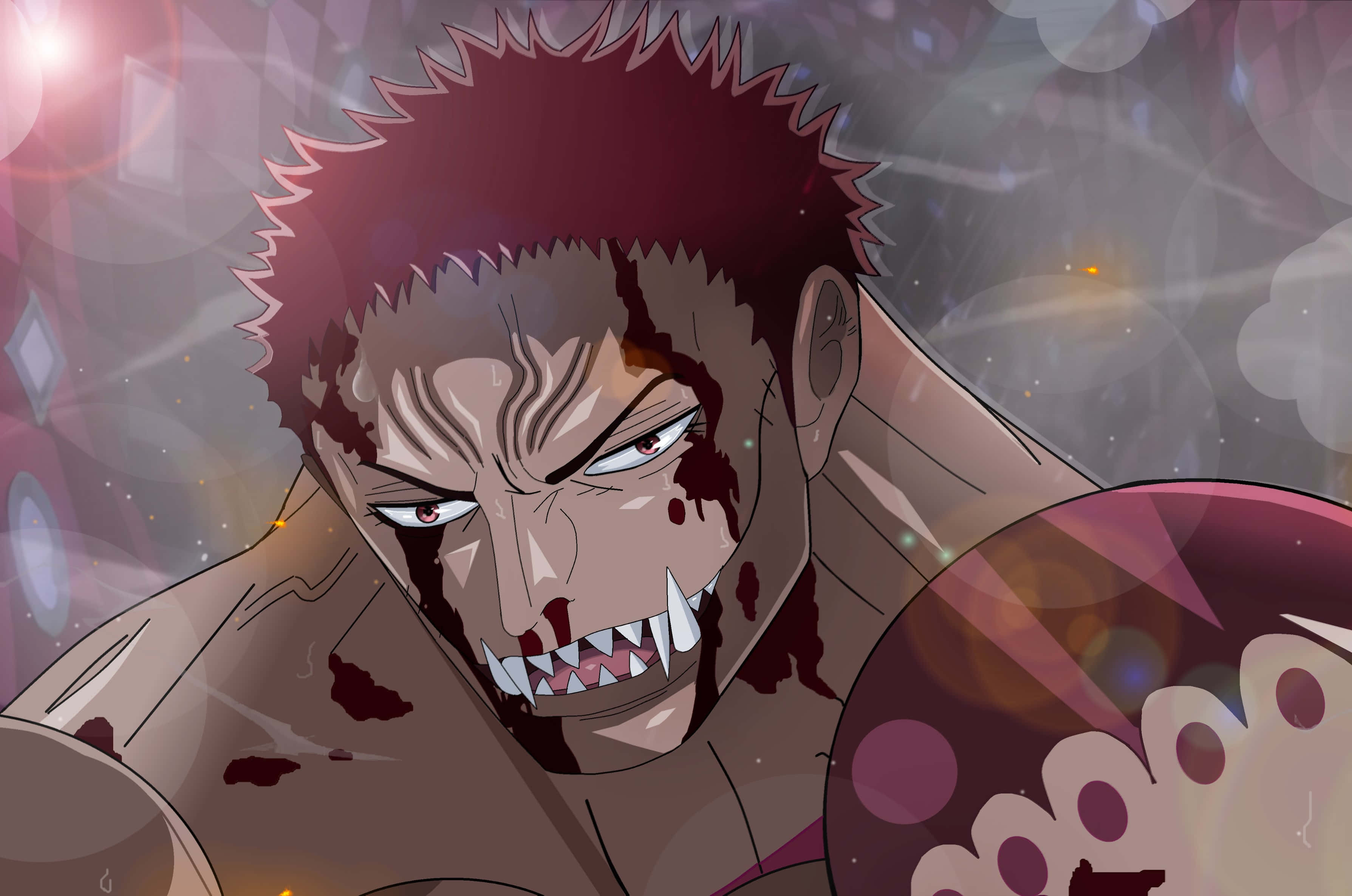 Charlotte Katakuri 桌布 壁紙 — 一個兇猛的動漫戰士，有著尖刺的紅髮和沾滿鮮血的獠牙，在發光的抽象背景前咆哮。
