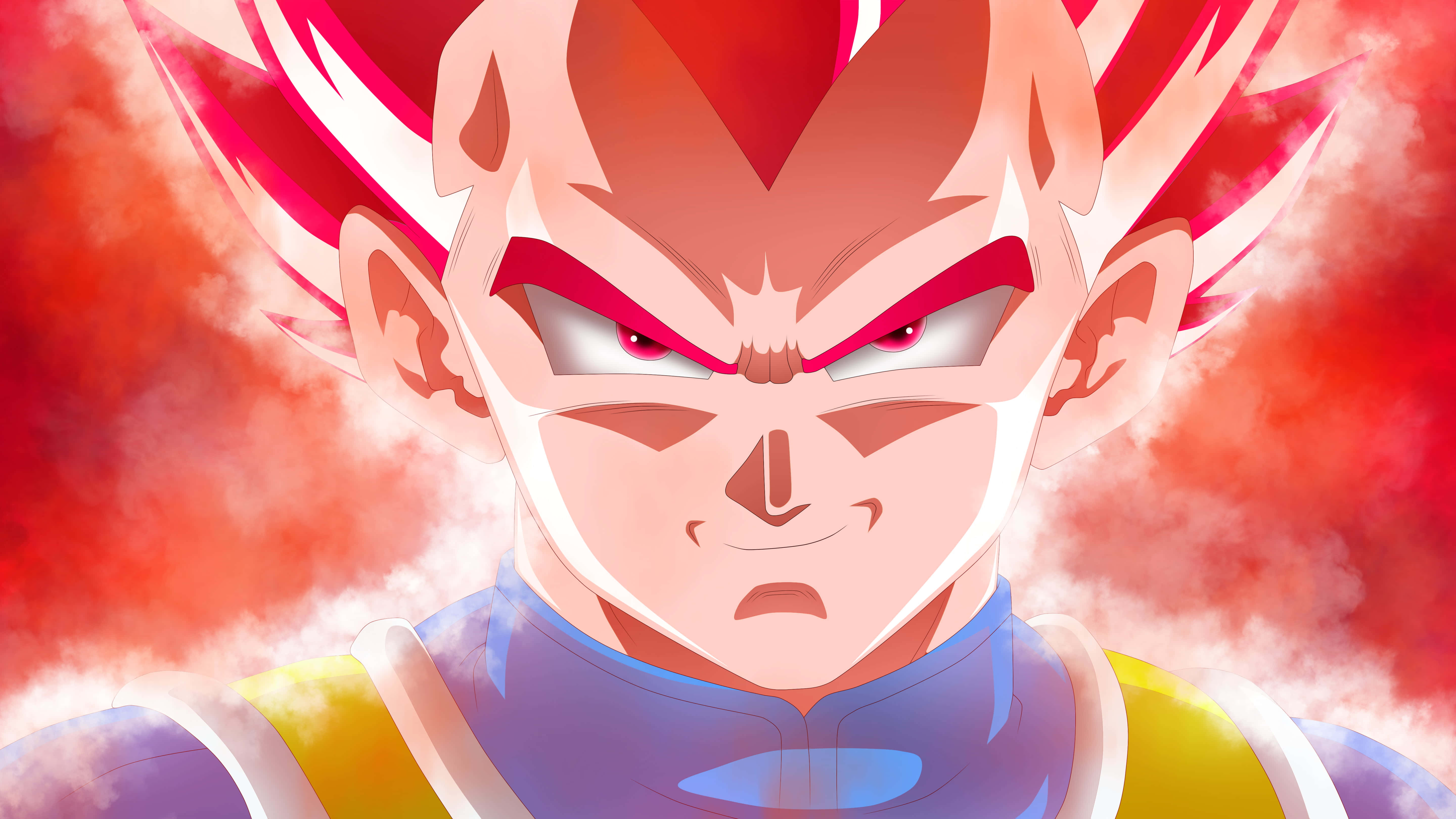 Vegeta Super Saiyan God 桌布 壁紙 — 一個兇猛的動漫戰士，有著尖刺的紅髮和發光的眼睛，在熾熱的紅色和橙色雲層背景下強烈地凝視著。
