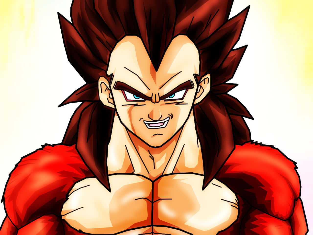 Vegeta Super Saiyan 4 桌布 壁紙 — 一個兇猛的動漫戰士，有著尖刺的紅髮和發光的藍色眼睛，在明亮的黃色背景中凝視著。