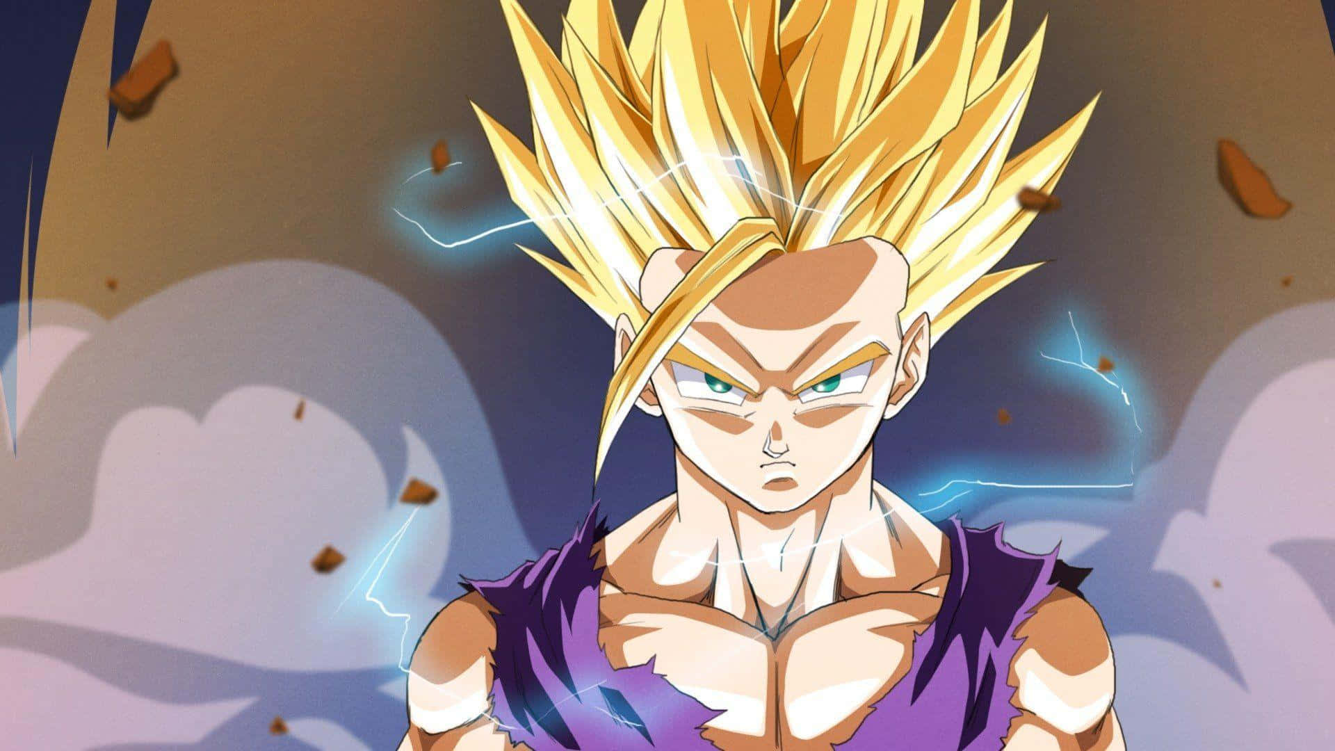 Mystic Gohan 桌布 壁紙 — 一個兇猛的動漫戰士，有著尖刺的金色頭髮和發光的藍色能量，在暴風雨的天空下在他周圍劈啪作響。