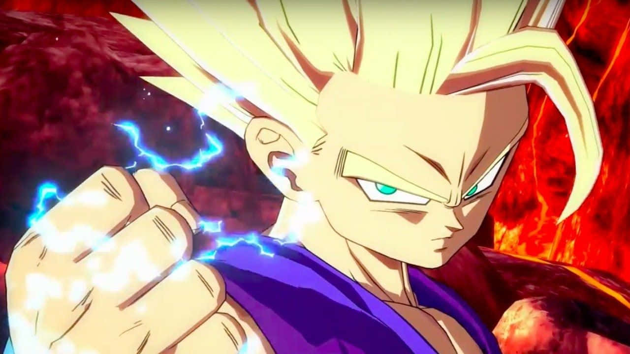 Dragon Ball Fighterz 桌布 壁紙 — 一個兇猛的動漫戰士，有著尖刺的金色頭髮，在他緊握的拳頭周圍，藍色發光的能量在熾熱的紅色背景上劈啪作響。