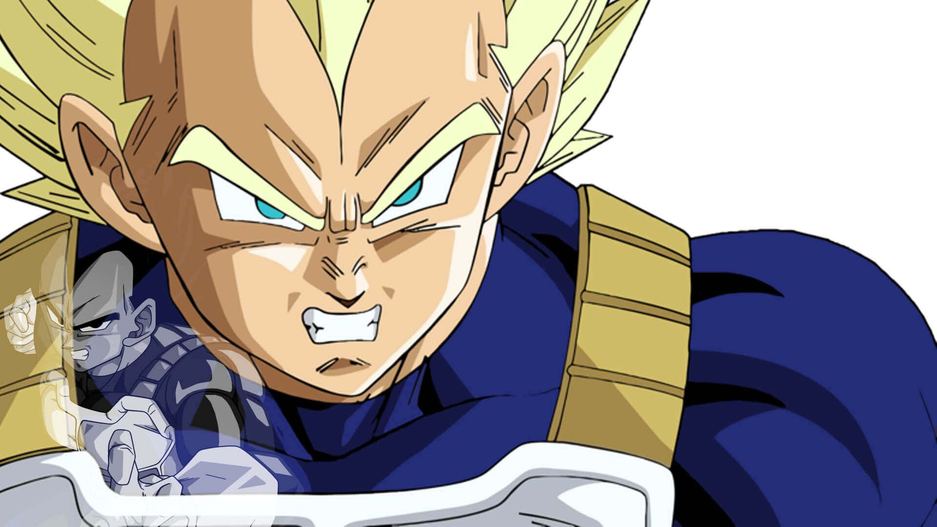 Vegeta Art 桌布 壁紙 — 一個兇猛的動漫戰士，有著尖刺的金色頭髮和發光的藍色眼睛，在動態特寫中強烈凝視。
